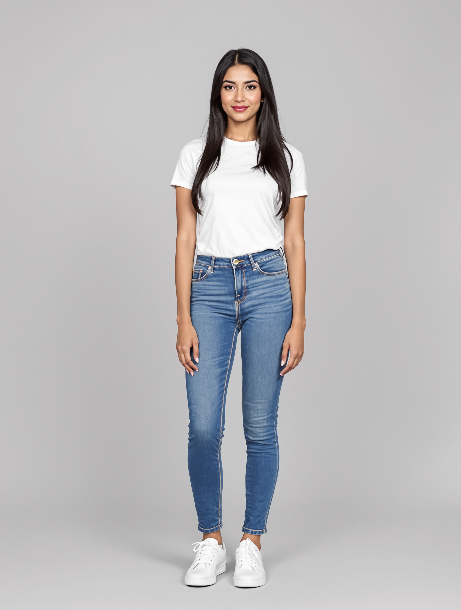 Woman in white t-shirt and blue skinny jeans standing against gray background