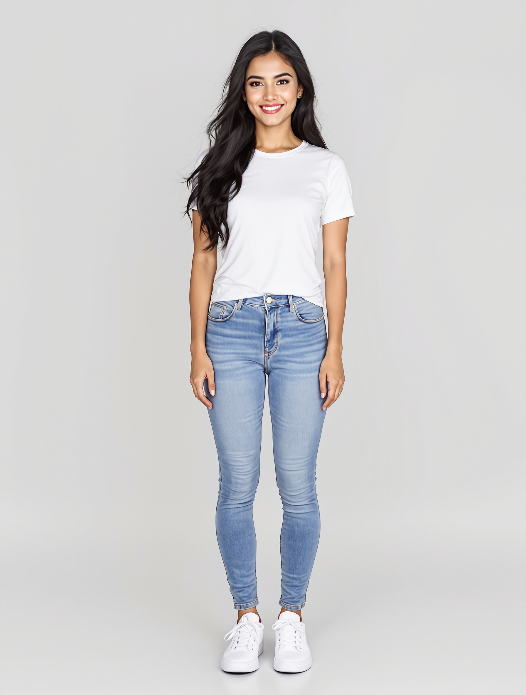 Woman in white t-shirt and light blue skinny jeans