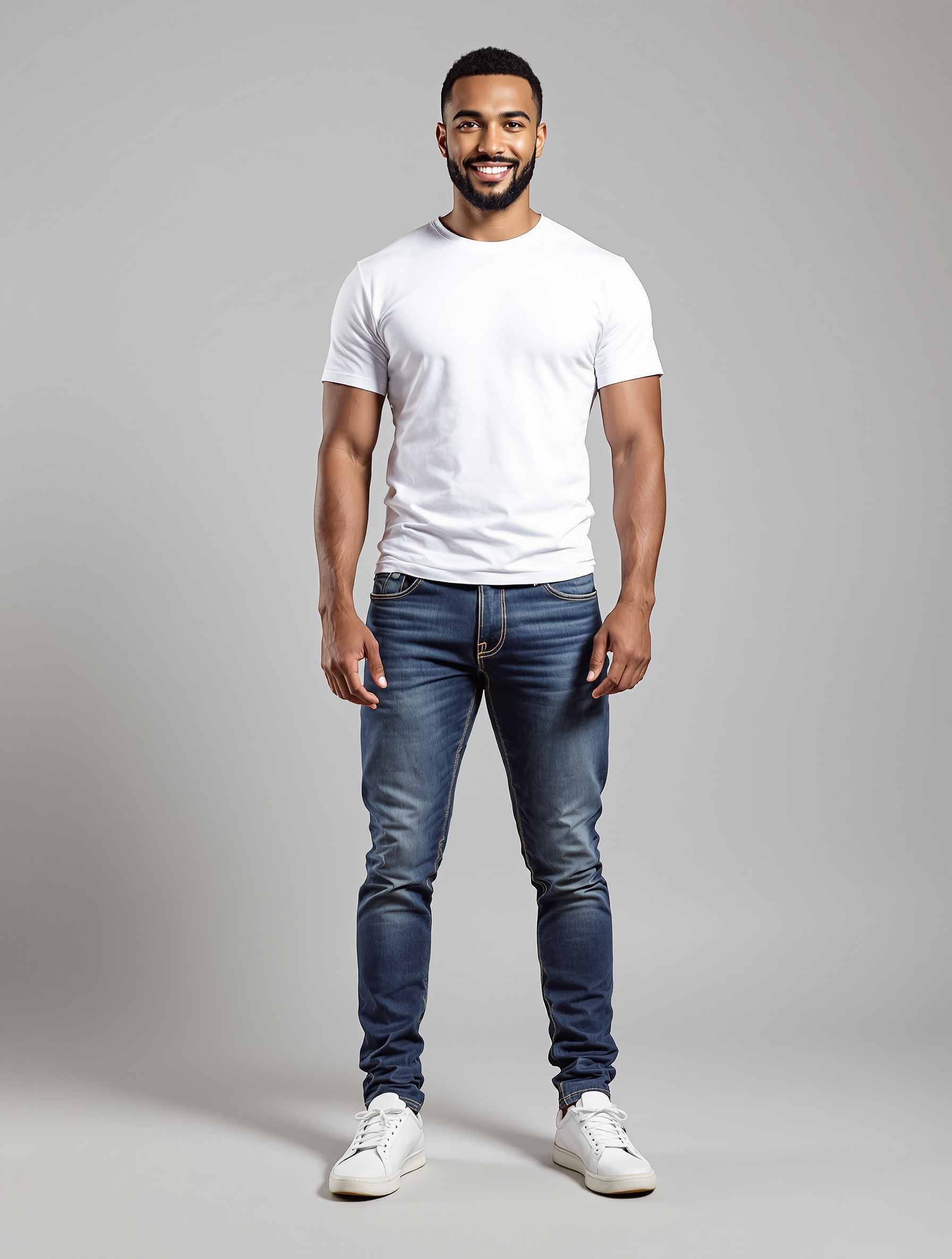 Man in white t-shirt and dark jeans with white sneakers
