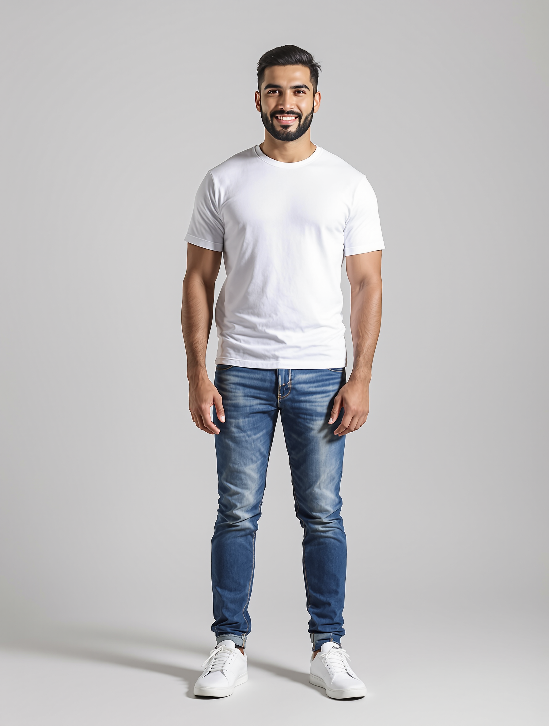 Man in white t-shirt and blue jeans smiling at camera