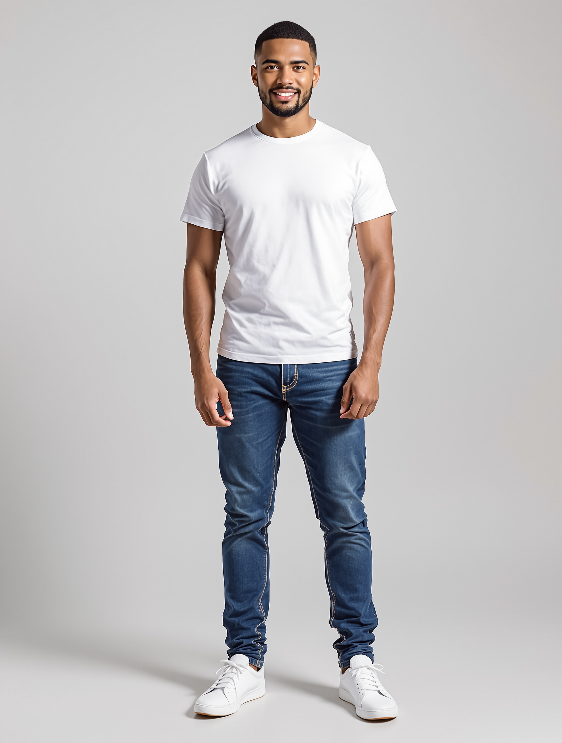 Man in white t-shirt and dark jeans with white sneakers