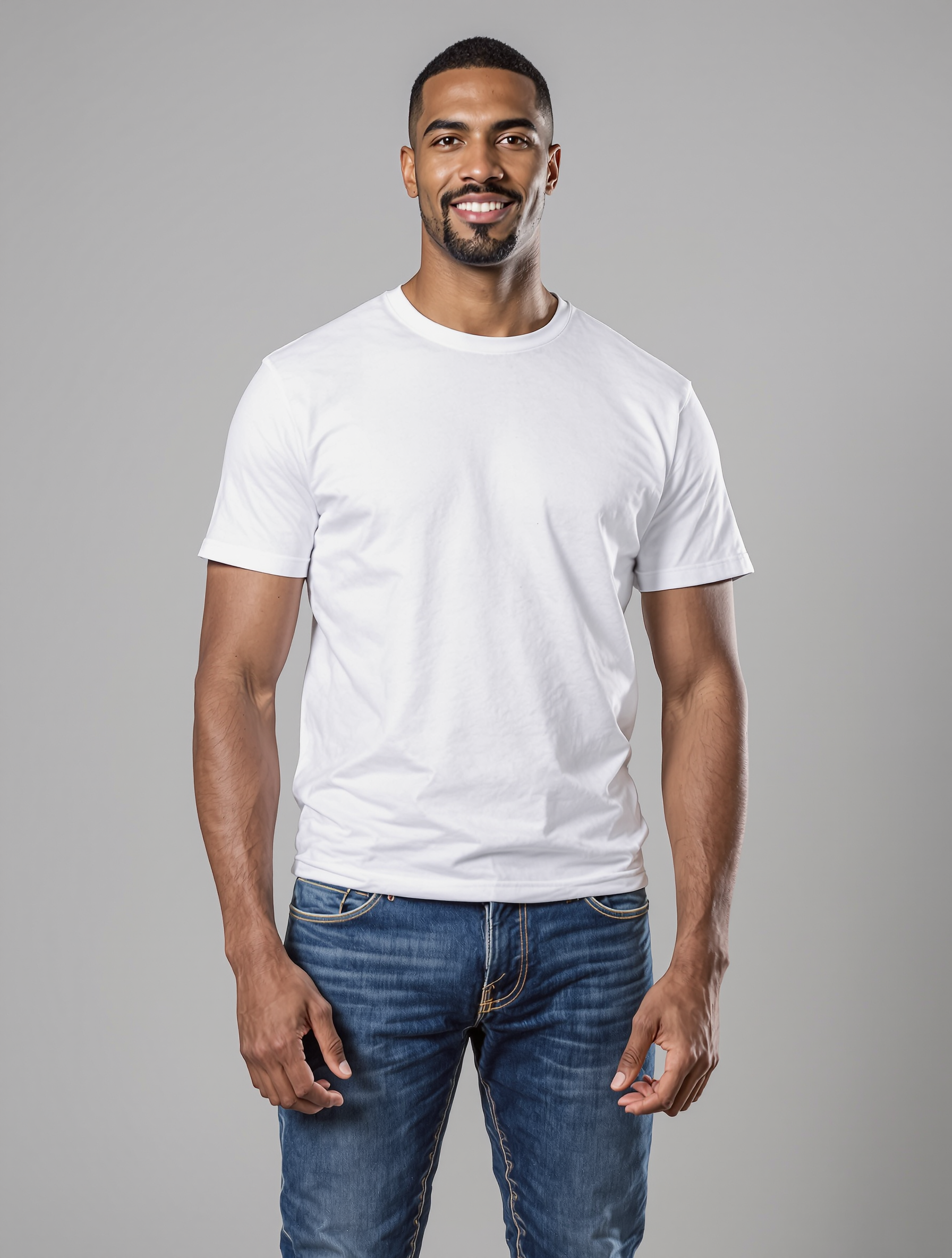 Man in white crew neck t-shirt and blue jeans smiling