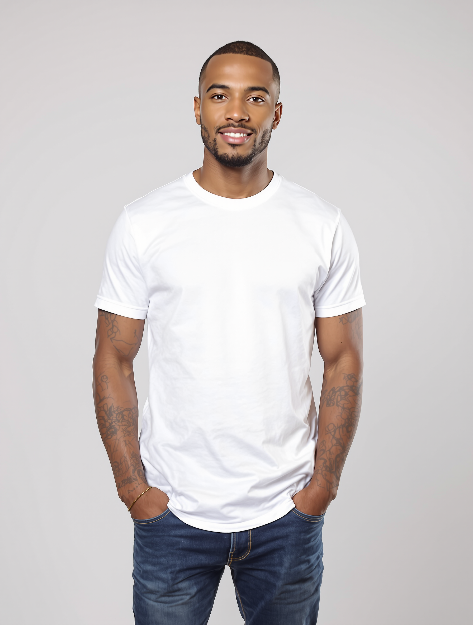 Man in white crew neck t-shirt and dark jeans smiling at camera