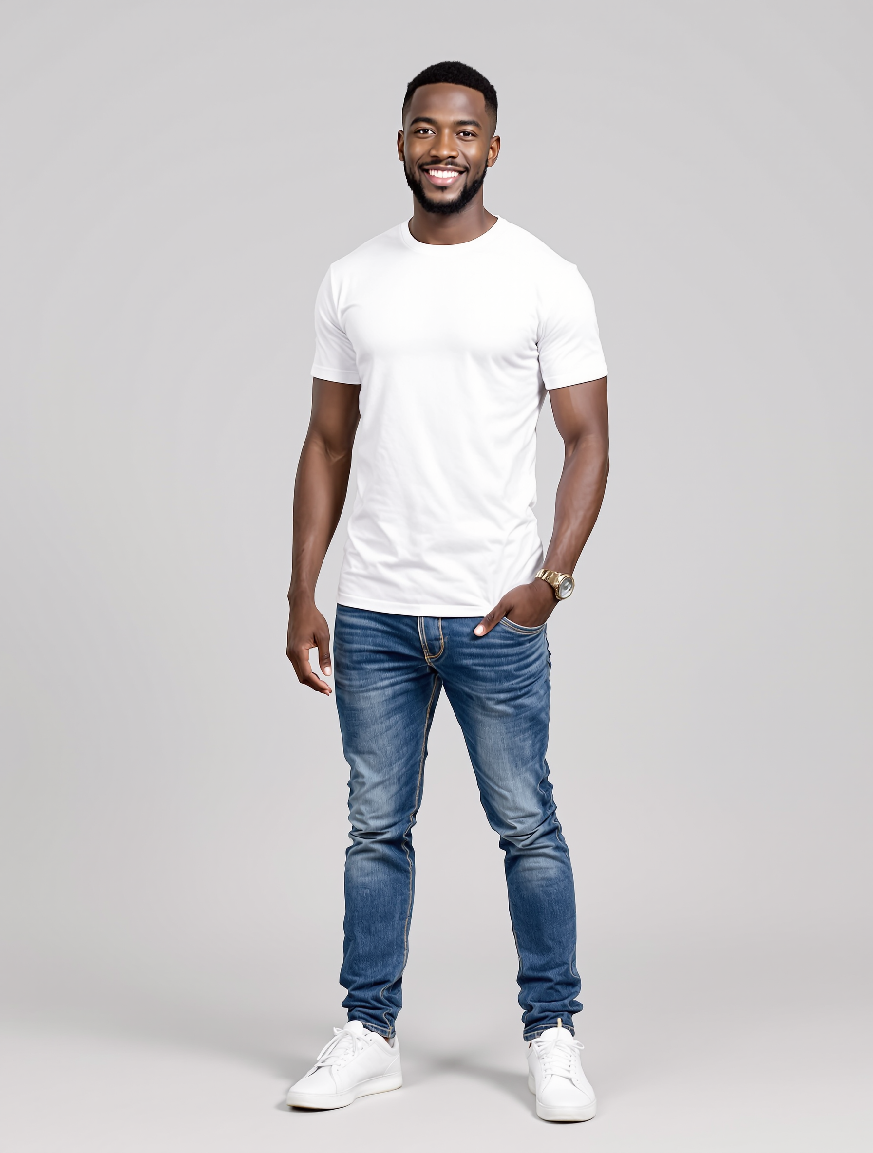 Man in white t-shirt and blue jeans standing against gray background