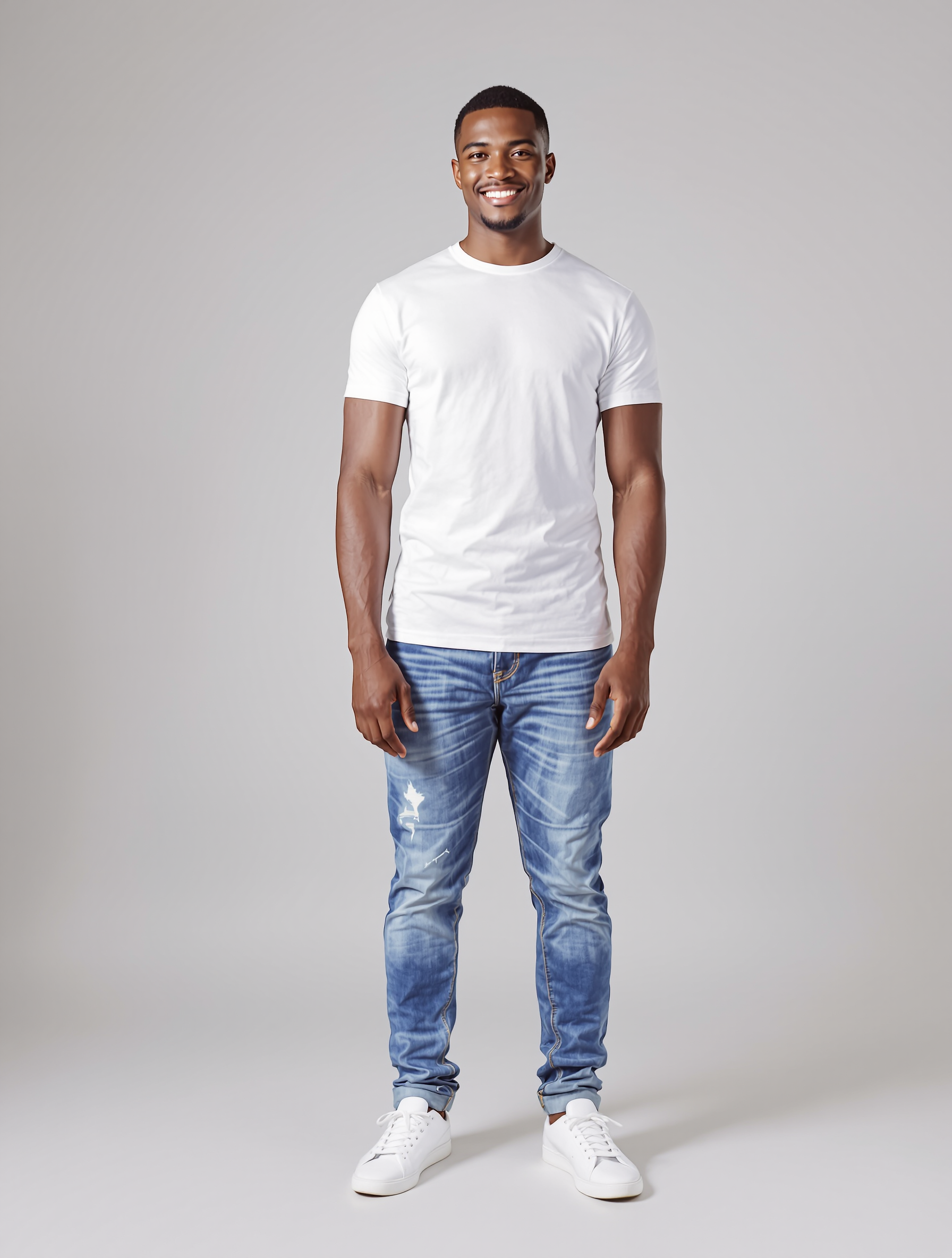 Man in white t-shirt and distressed blue jeans smiling at camera