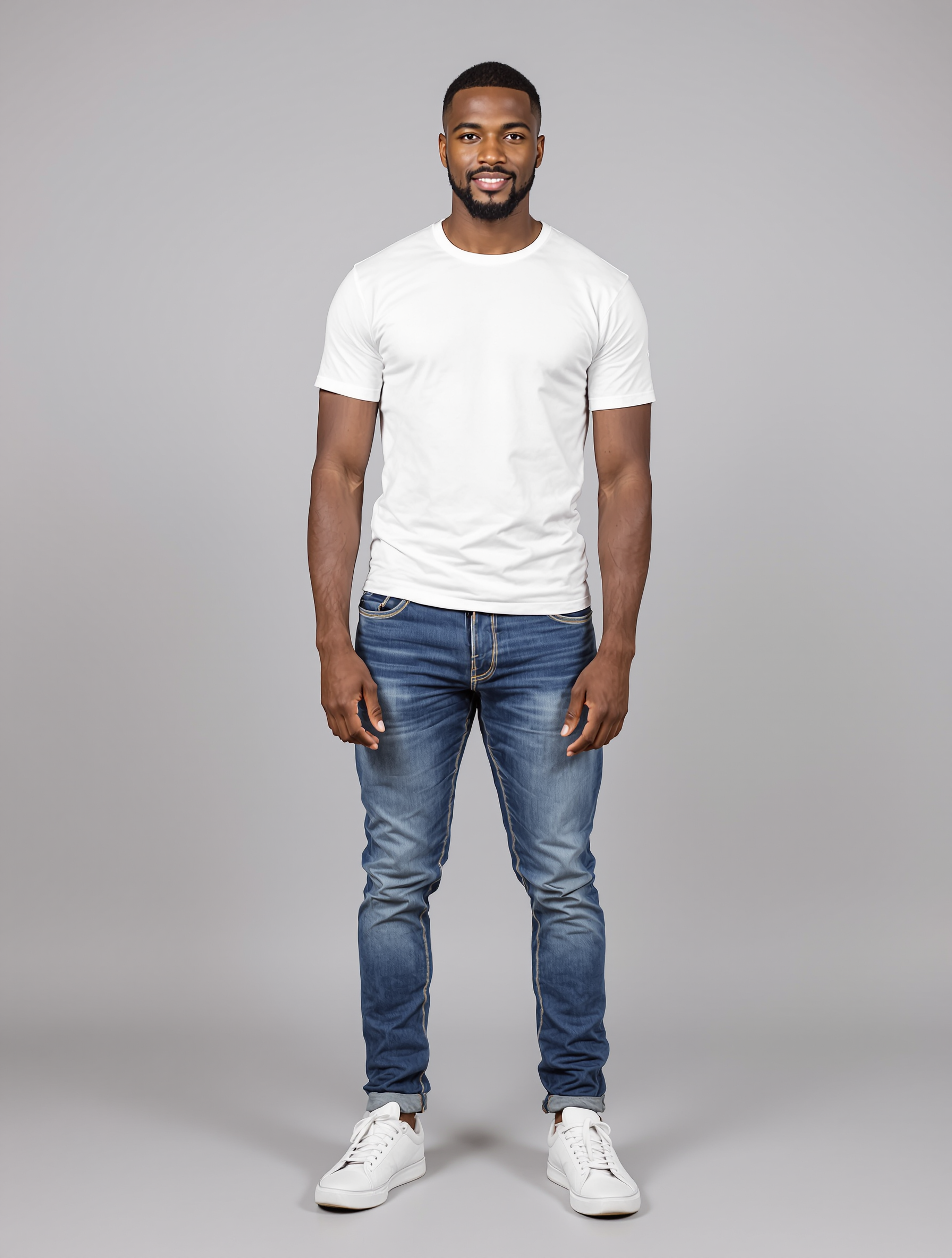 Man in white t-shirt and blue jeans with white sneakers