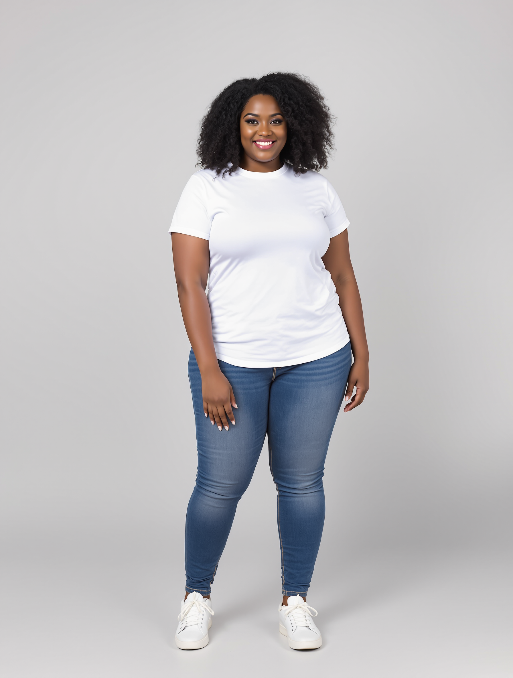 Person in white t-shirt and blue jeans with curly black hair