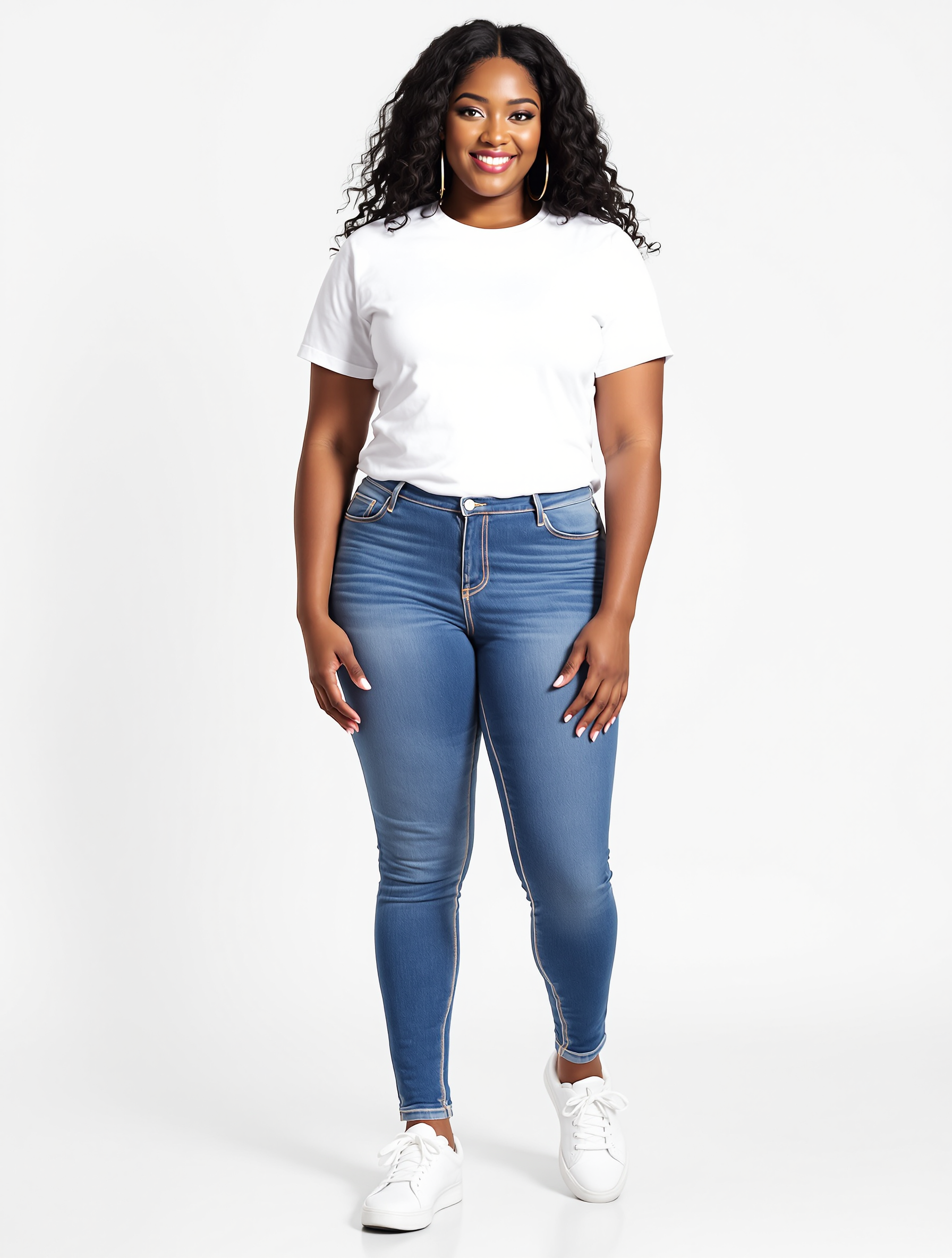 Woman in white tee and blue skinny jeans with white sneakers