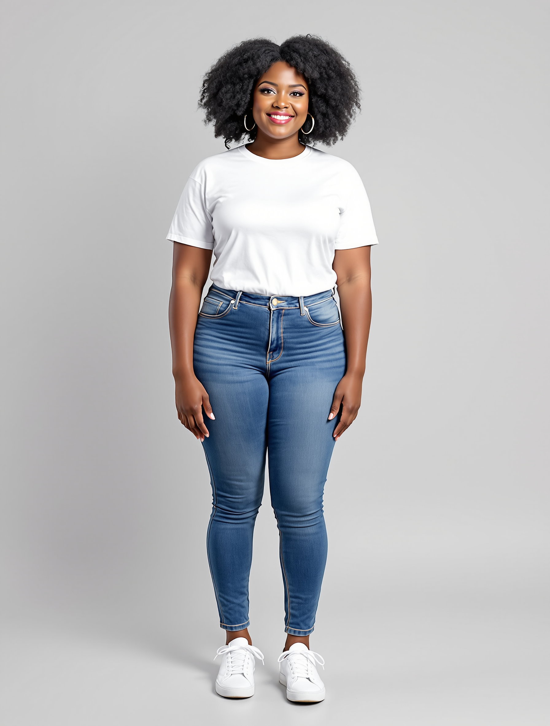 Woman in white tee and blue skinny jeans with white sneakers