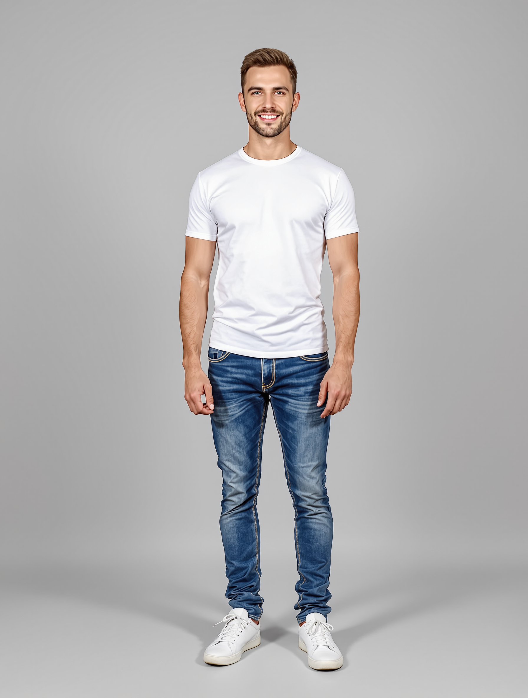 Man in white t-shirt and blue jeans standing against neutral background