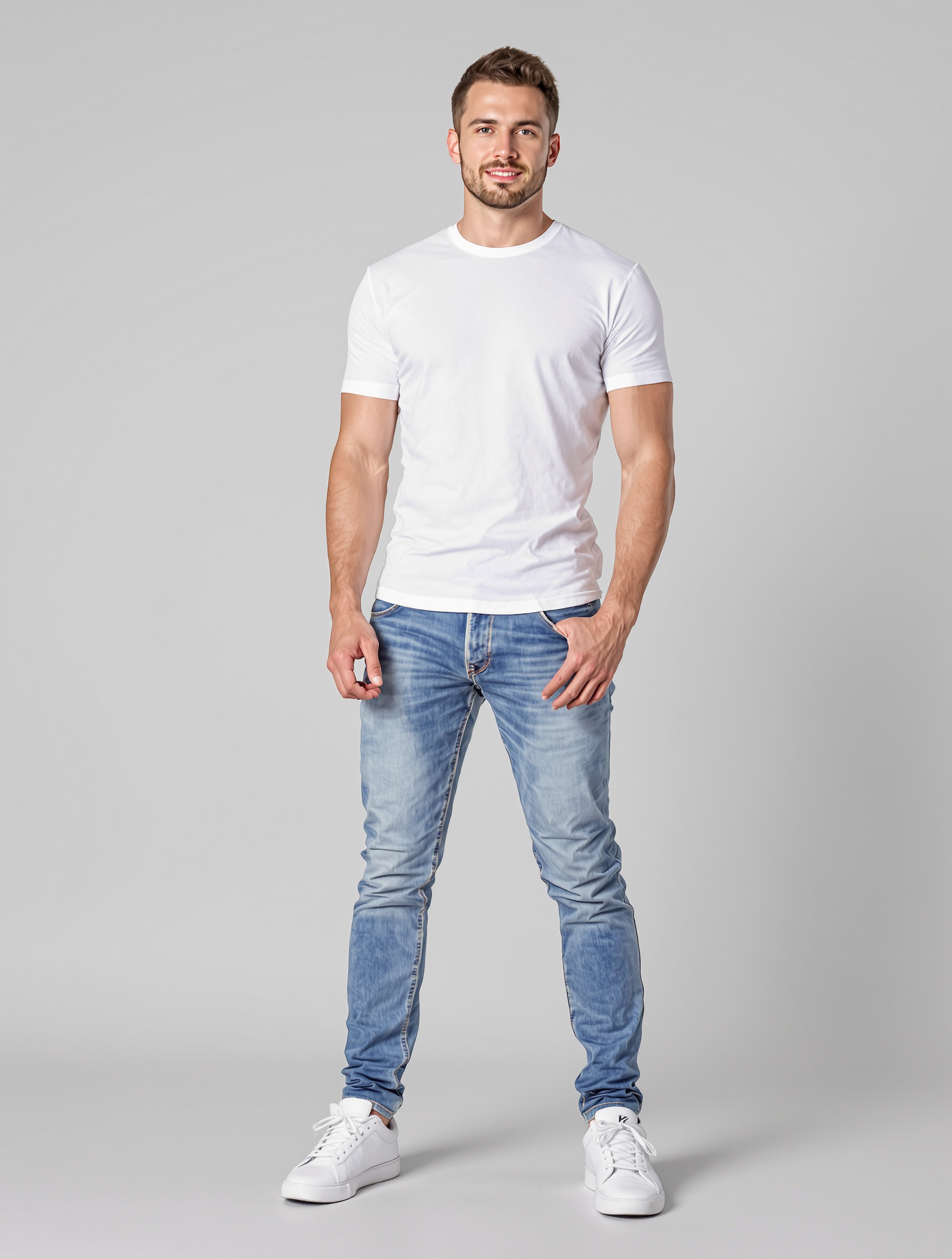 Man in white t-shirt and blue jeans standing against gray background