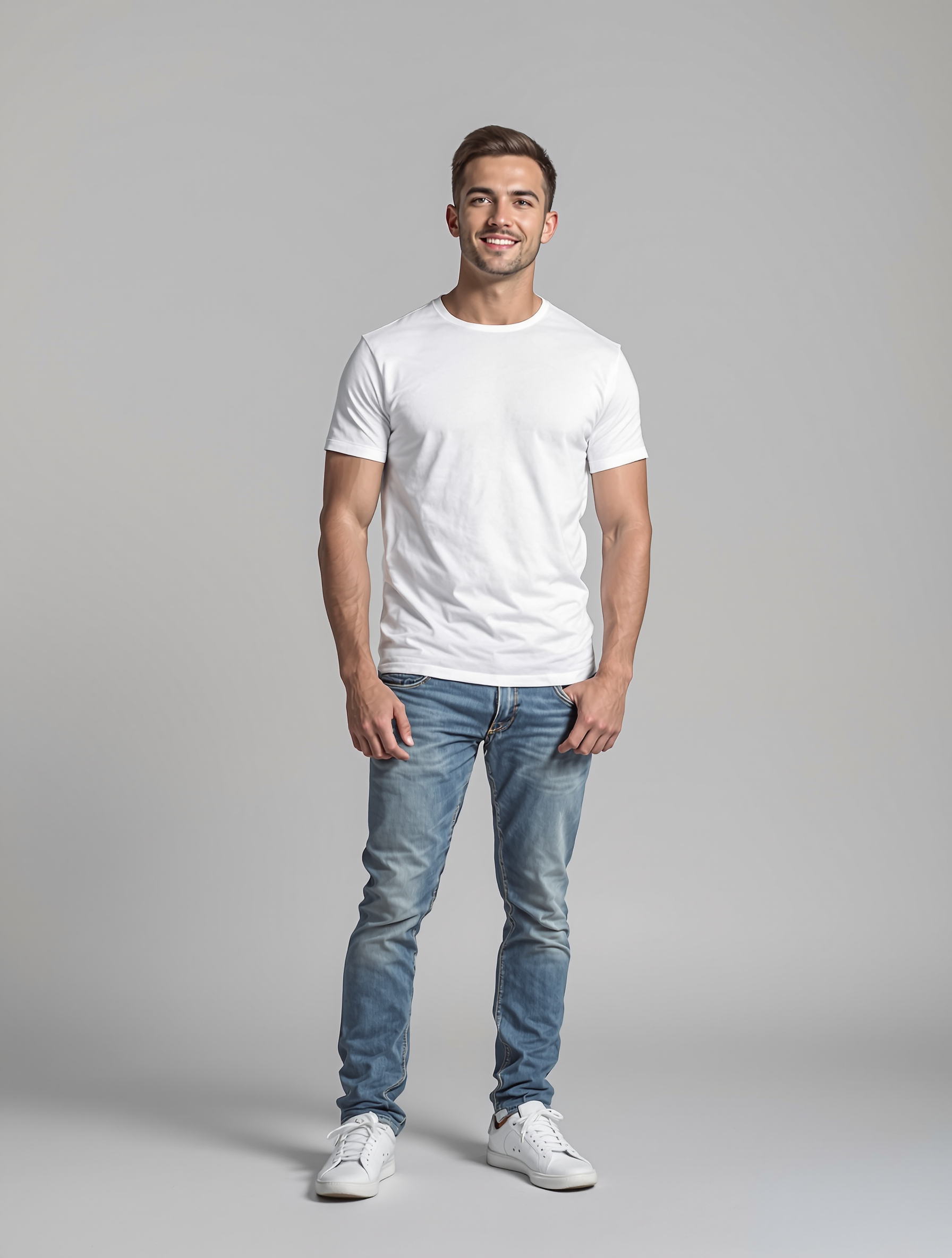 Man in white t-shirt and blue jeans standing against gray background