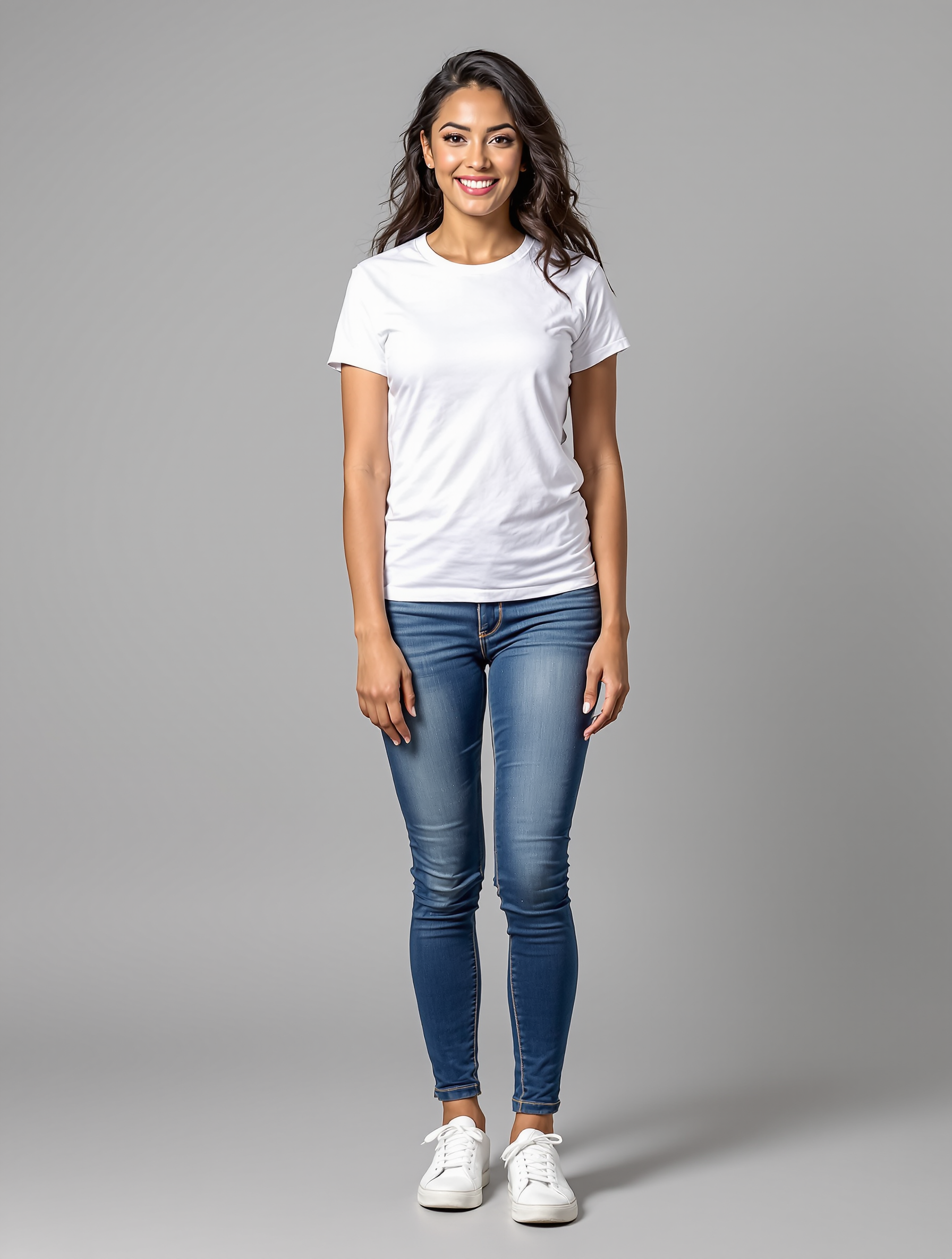 Woman in white t-shirt and blue jeans with white sneakers