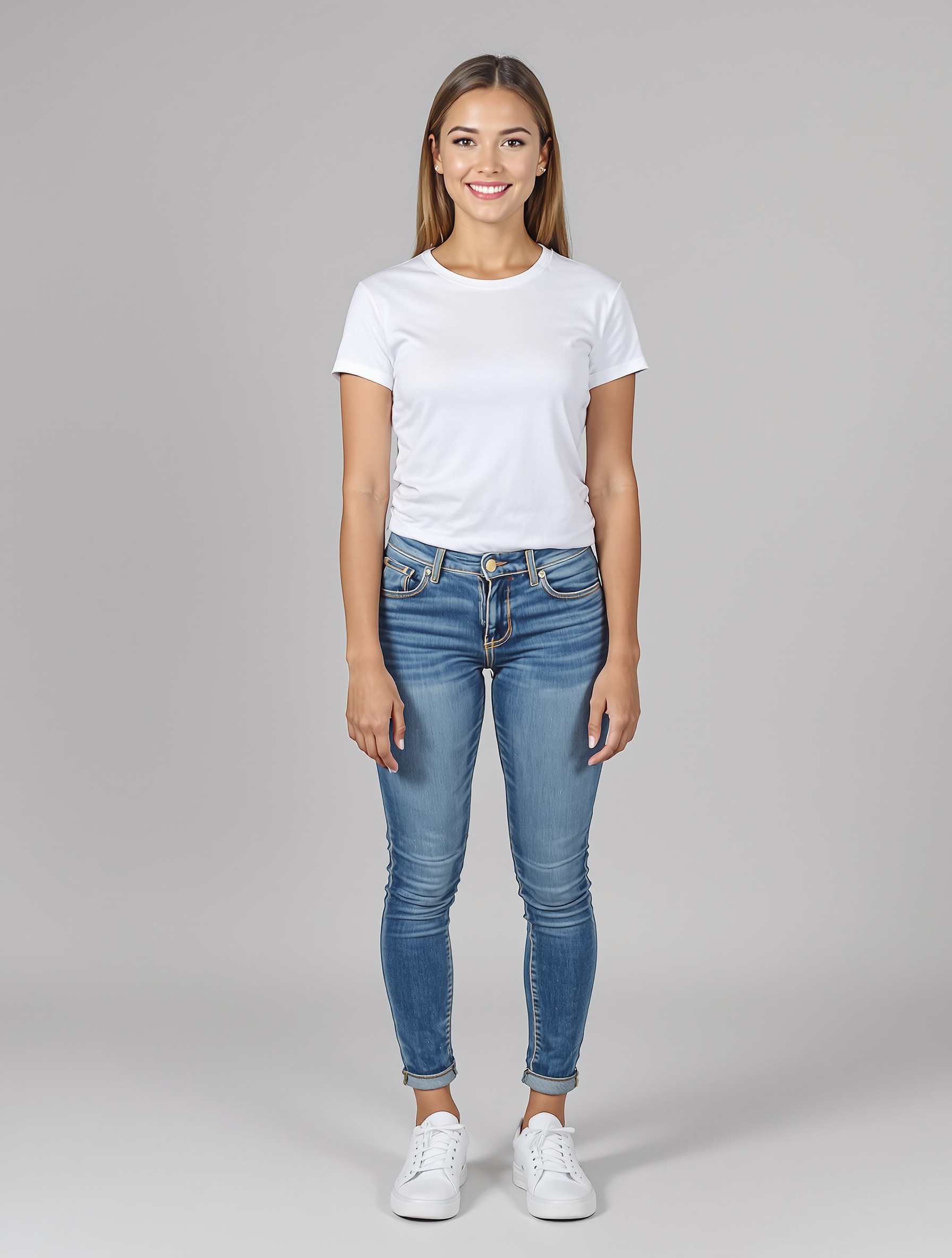 Woman in white t-shirt and cuffed blue jeans standing against gray background