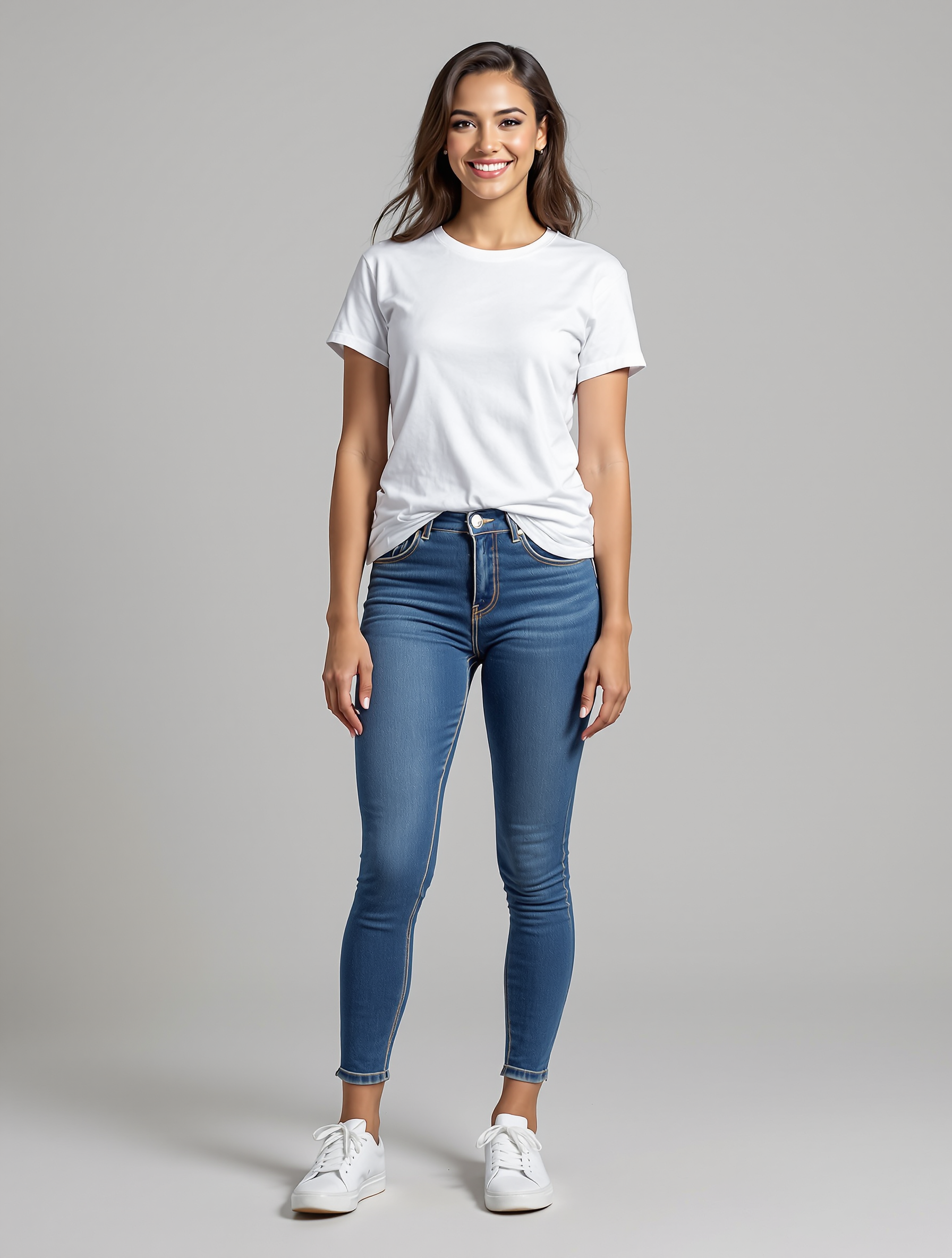 Woman in white t-shirt and blue skinny jeans standing against gray background