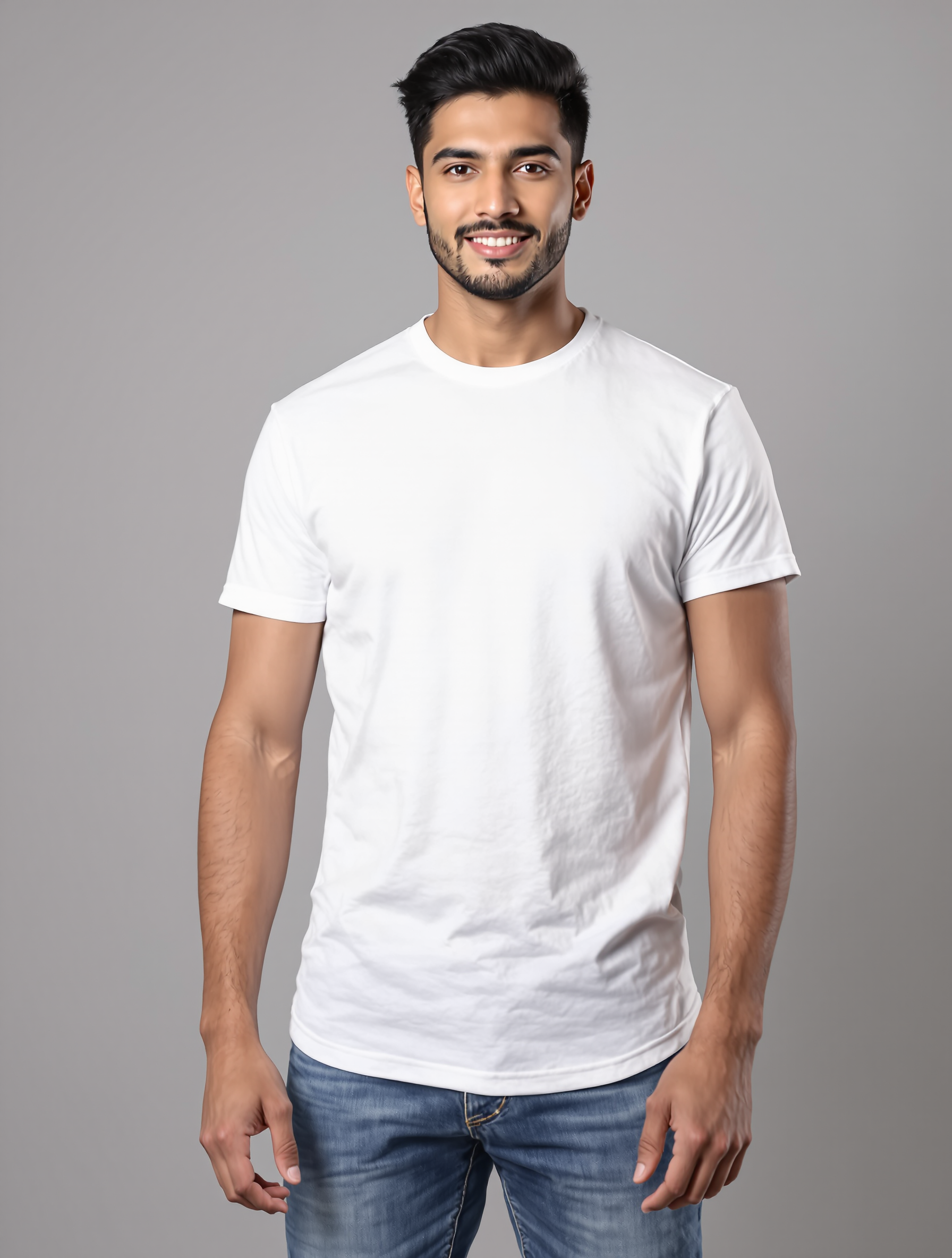 Man in white crew neck t-shirt and blue jeans smiling
