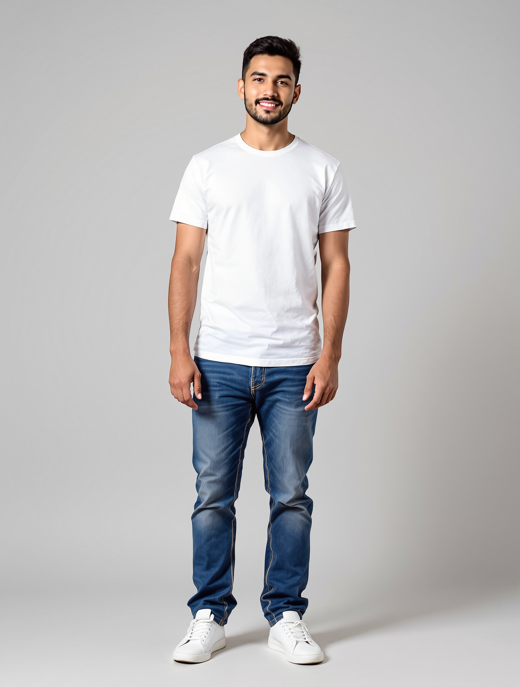 Man in white t-shirt and blue jeans standing against gray background