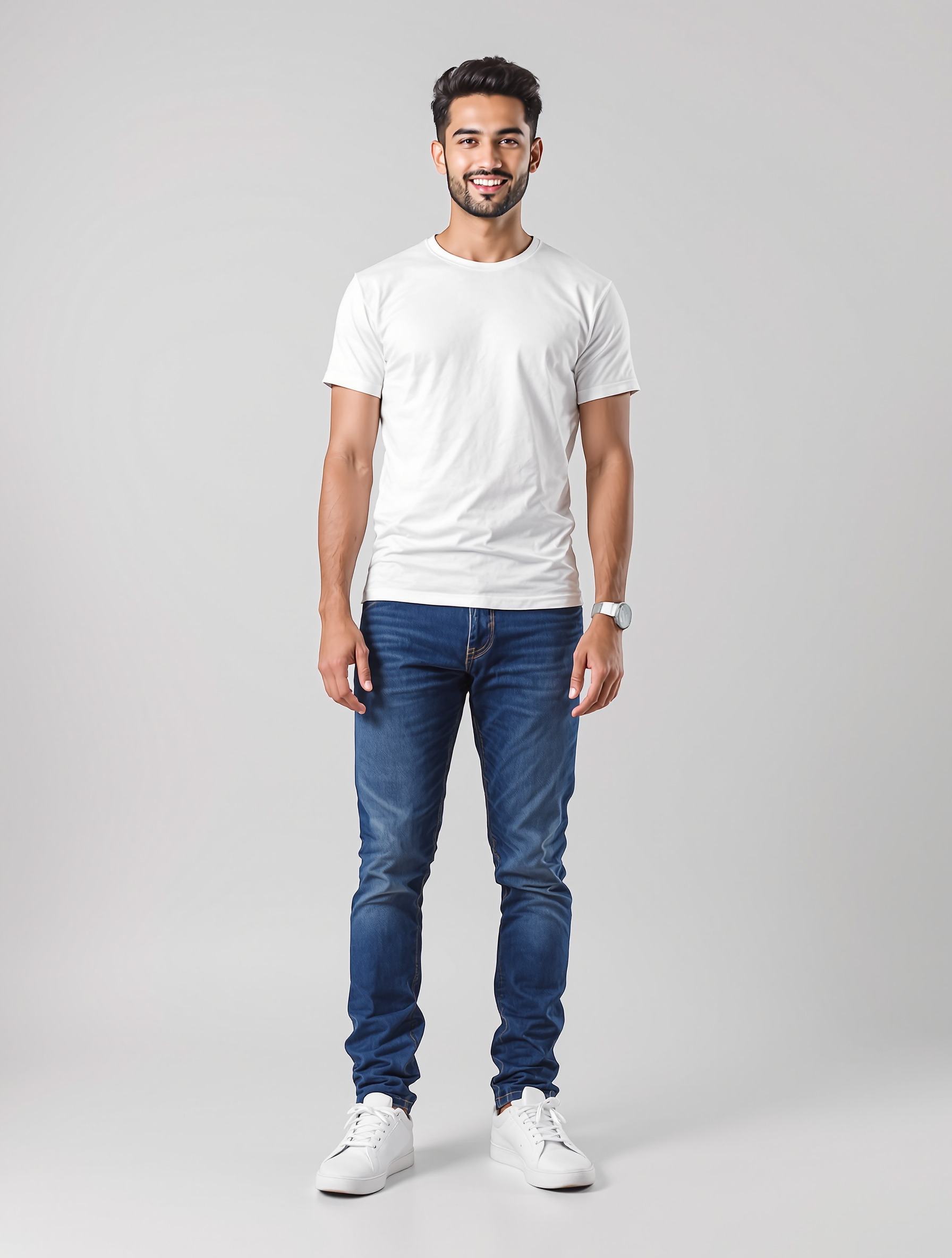 Man in white t-shirt and dark blue jeans smiling at camera