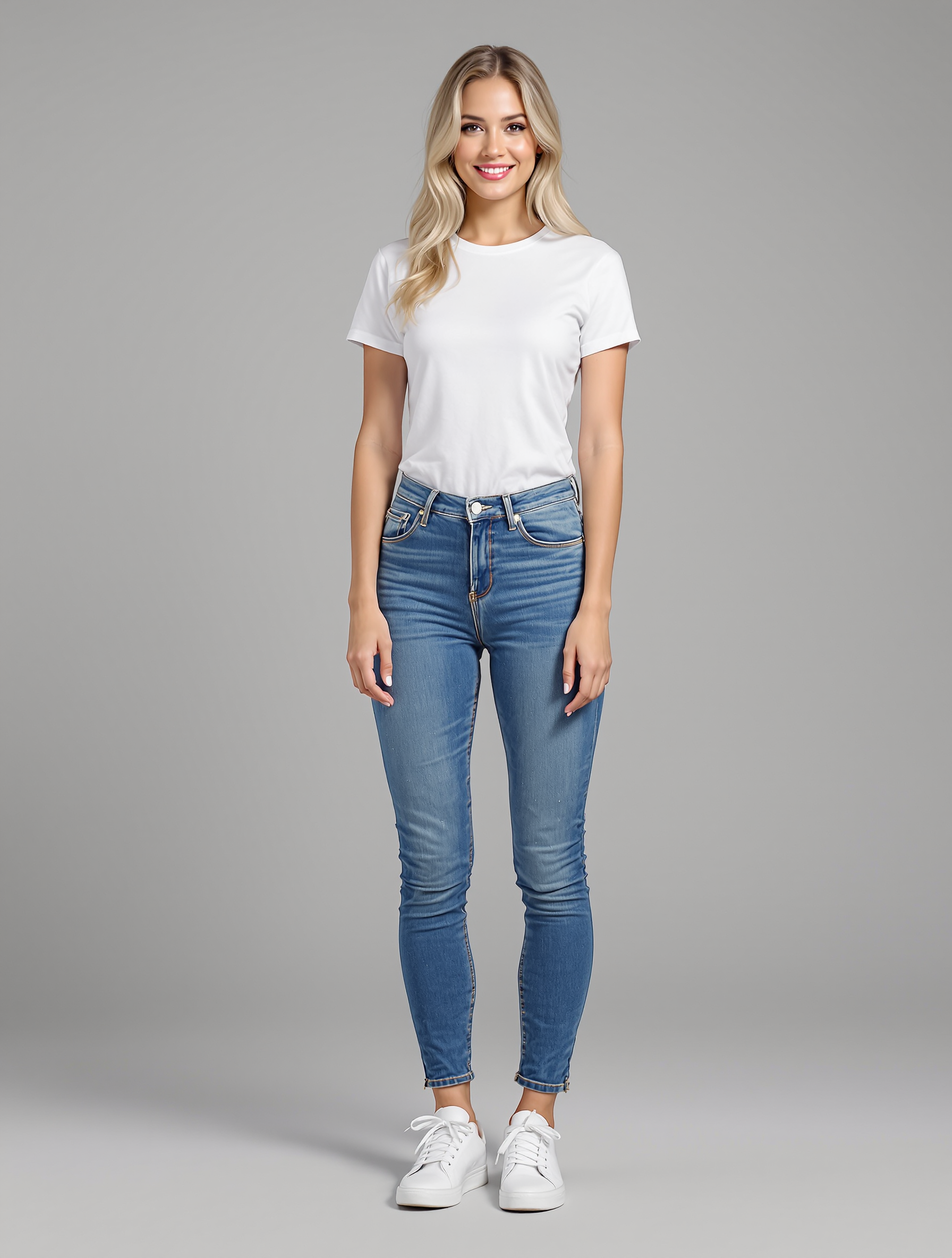 Woman in white t-shirt and blue skinny jeans with white sneakers