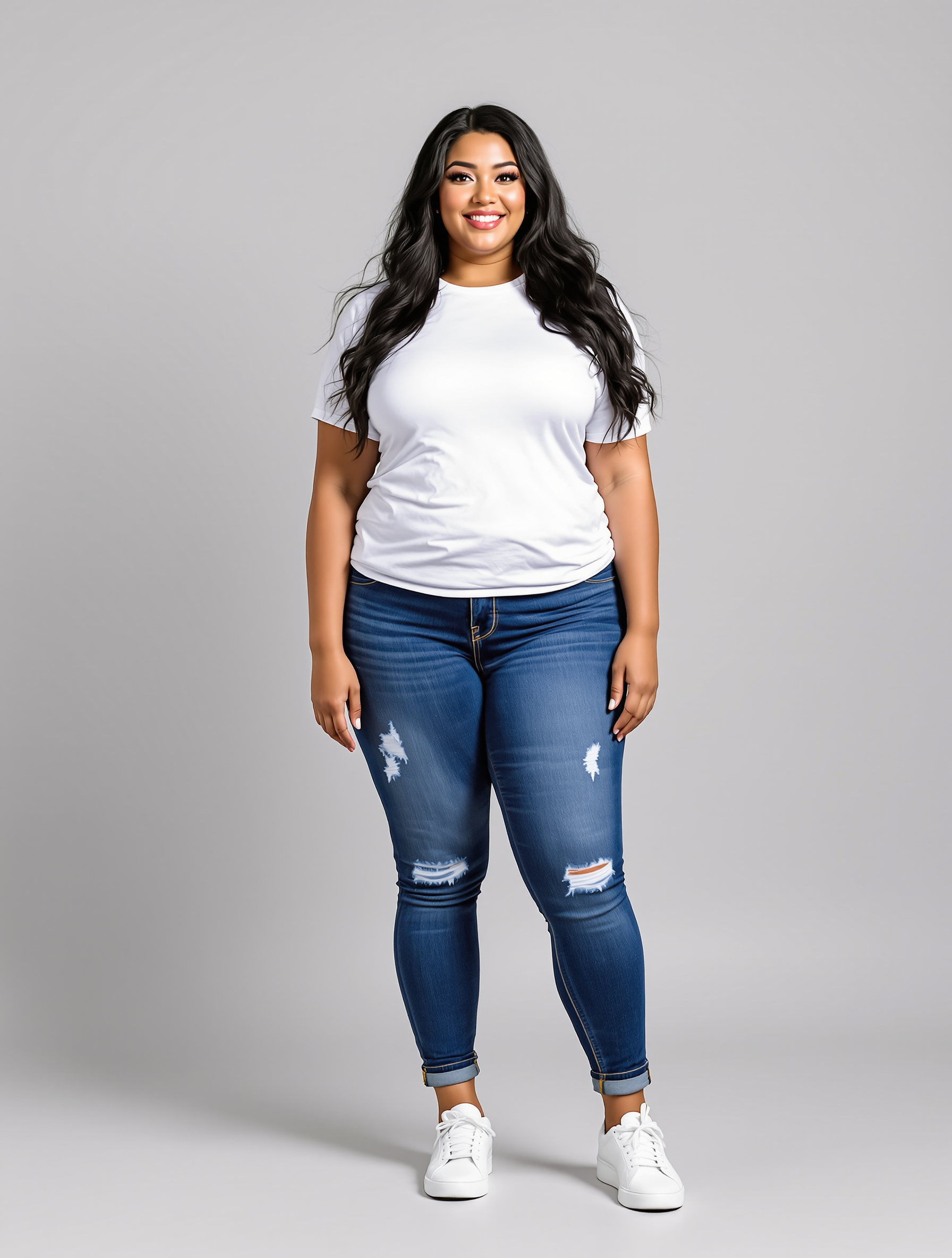 Woman in white t-shirt and distressed blue jeans with white sneakers