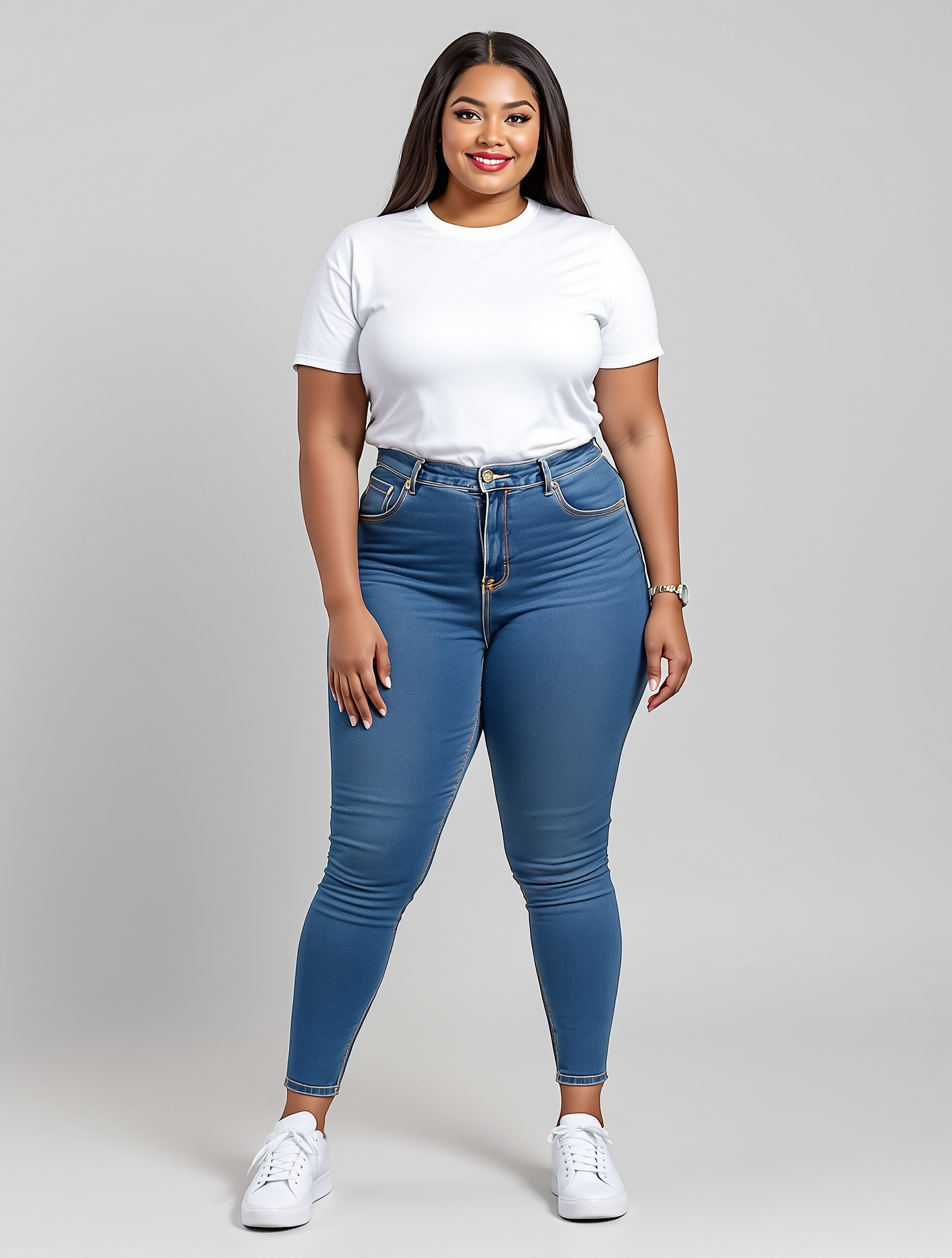 Person in white t-shirt and blue skinny jeans with white sneakers