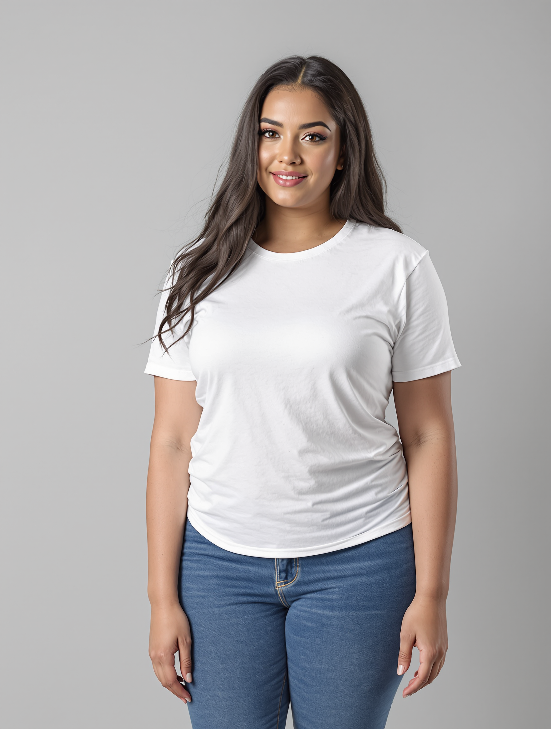 Woman in white crew neck t-shirt and blue jeans