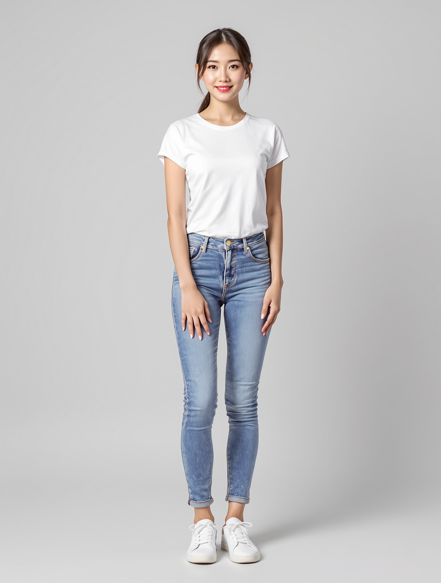 Woman in white t-shirt and cuffed blue jeans with white sneakers
