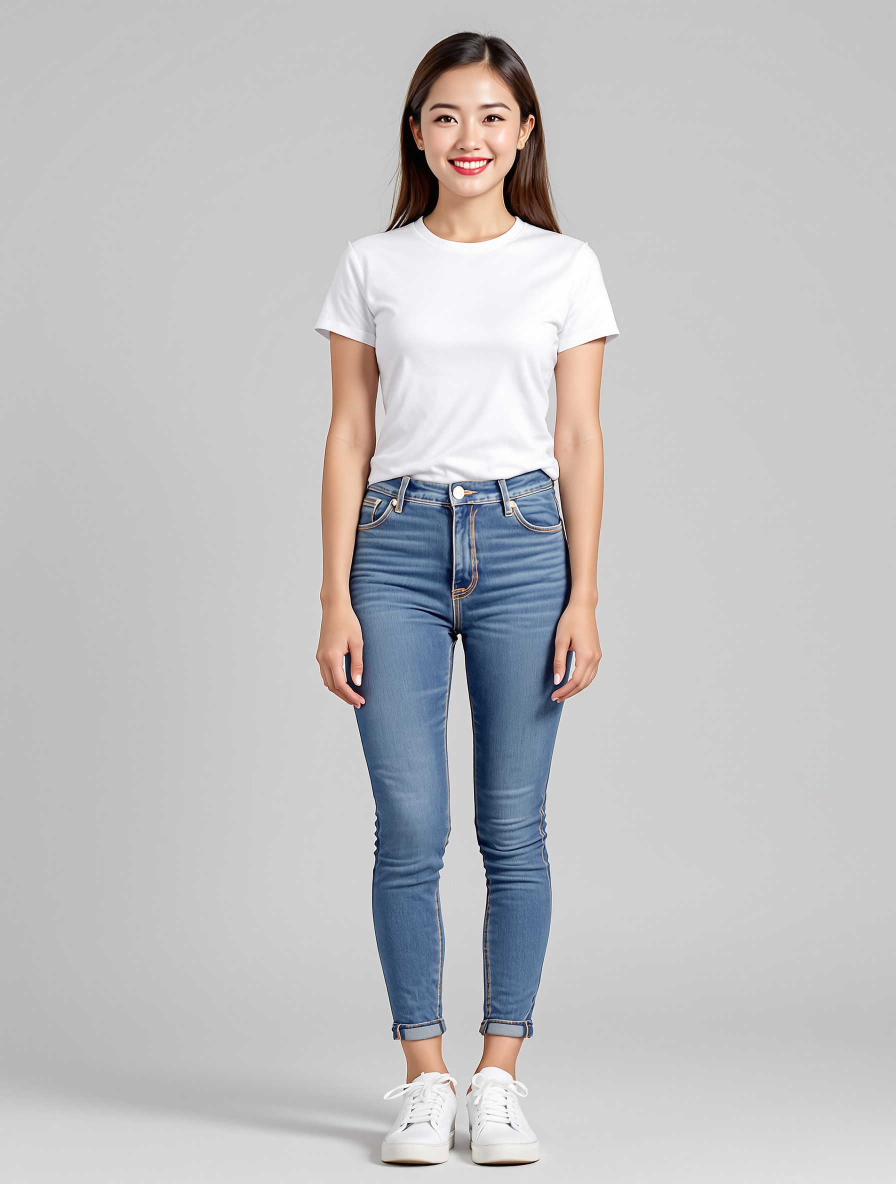 Woman in white t-shirt and cuffed blue jeans with white sneakers