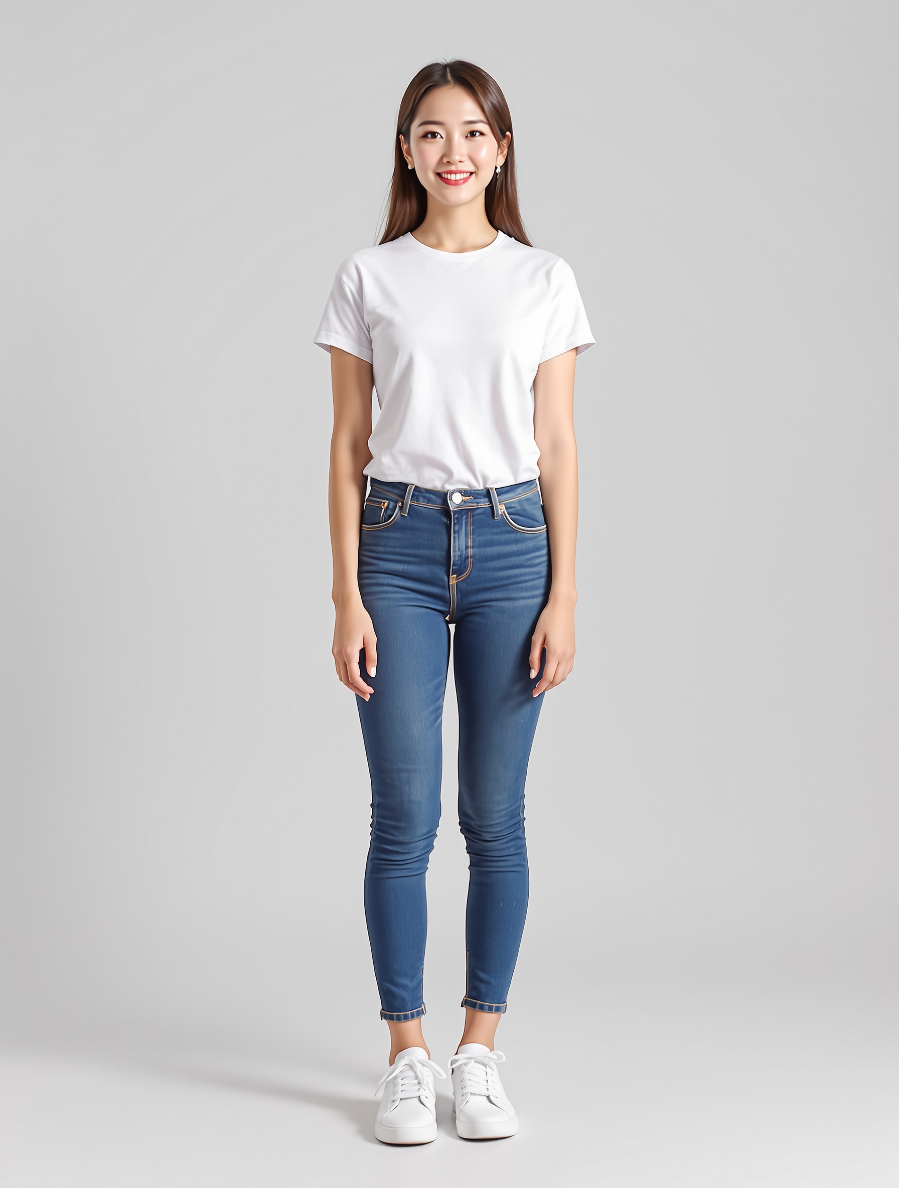 Woman in white t-shirt and blue skinny jeans with white sneakers