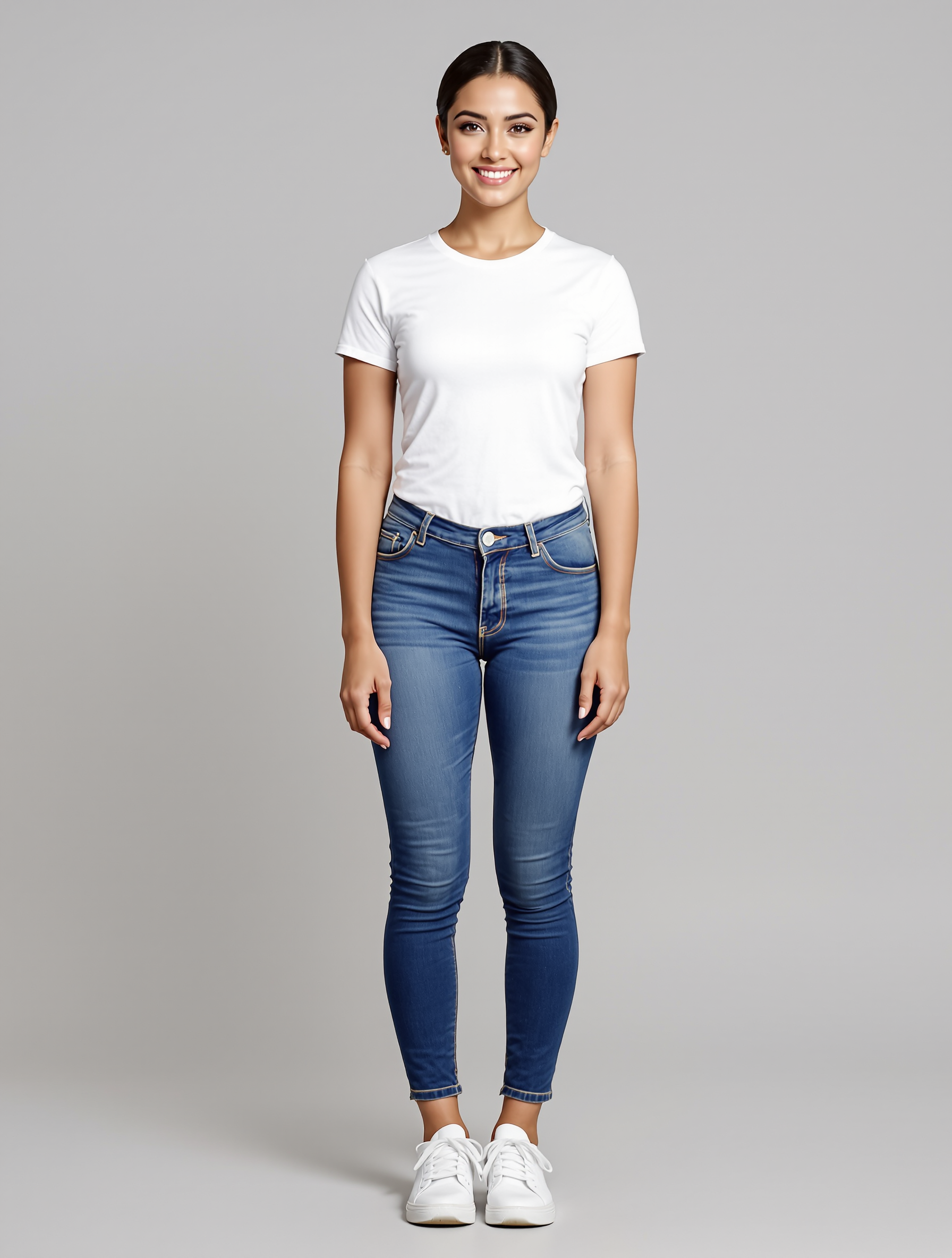 Woman in white tee and blue skinny jeans with white sneakers