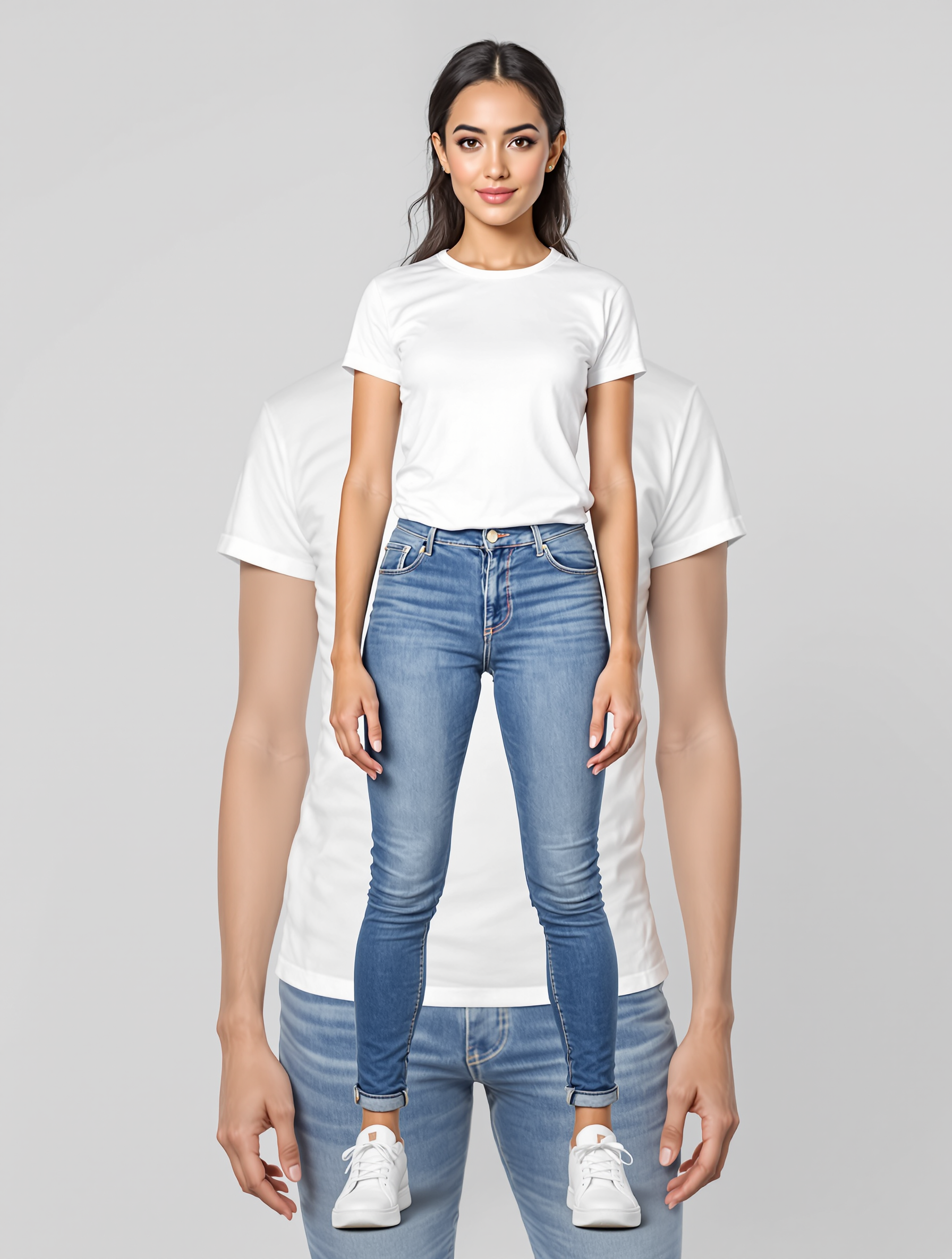 Woman in white tee and blue jeans with white sneakers