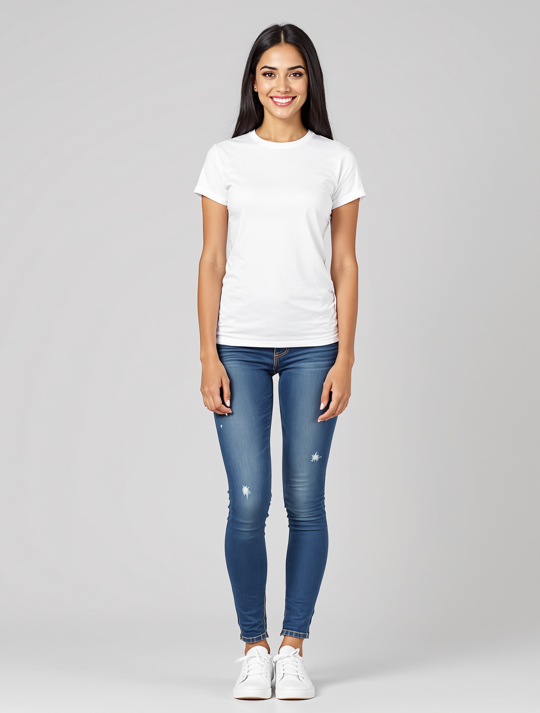 Woman in white t-shirt and distressed blue jeans smiling