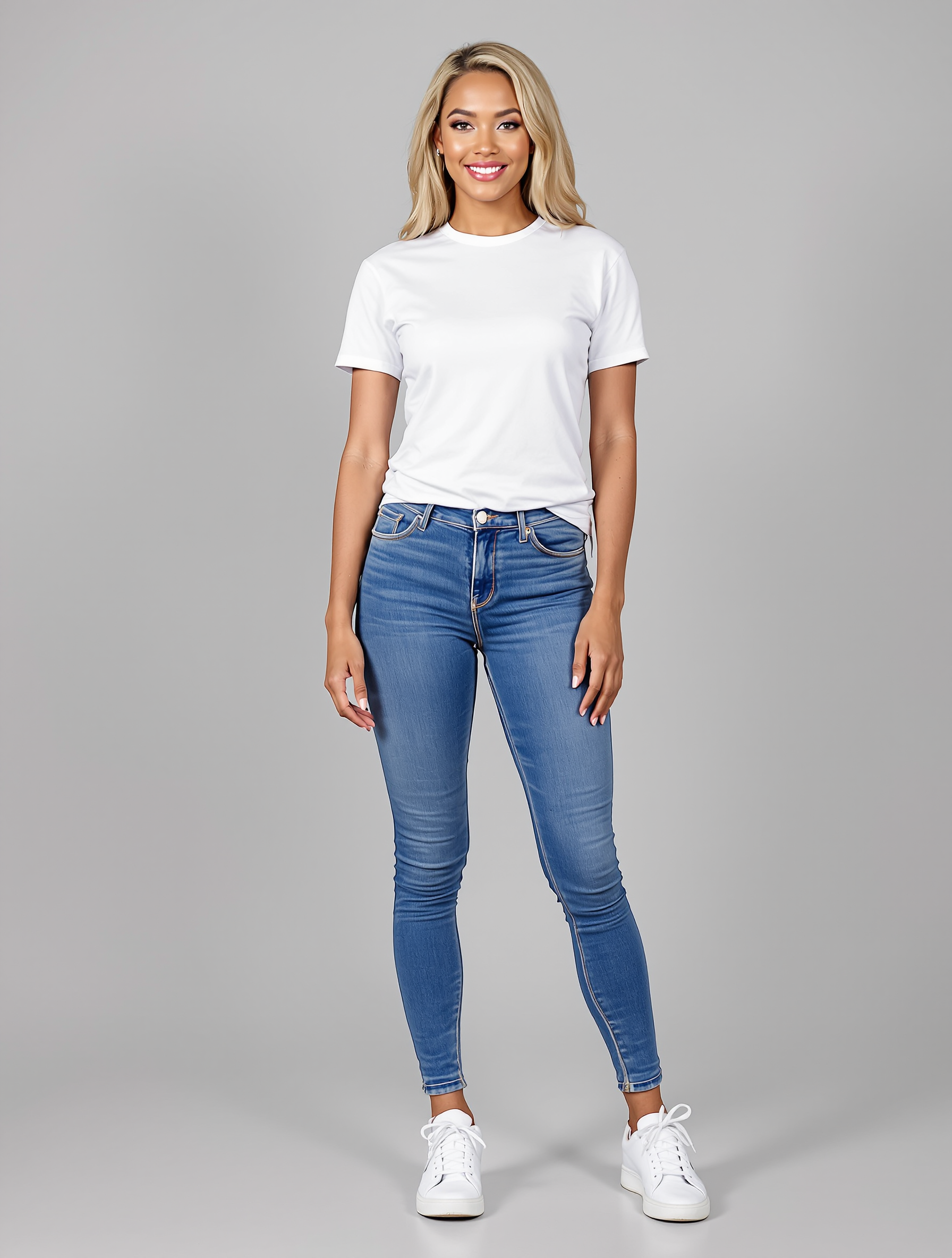 Woman in white t-shirt and blue skinny jeans with white sneakers