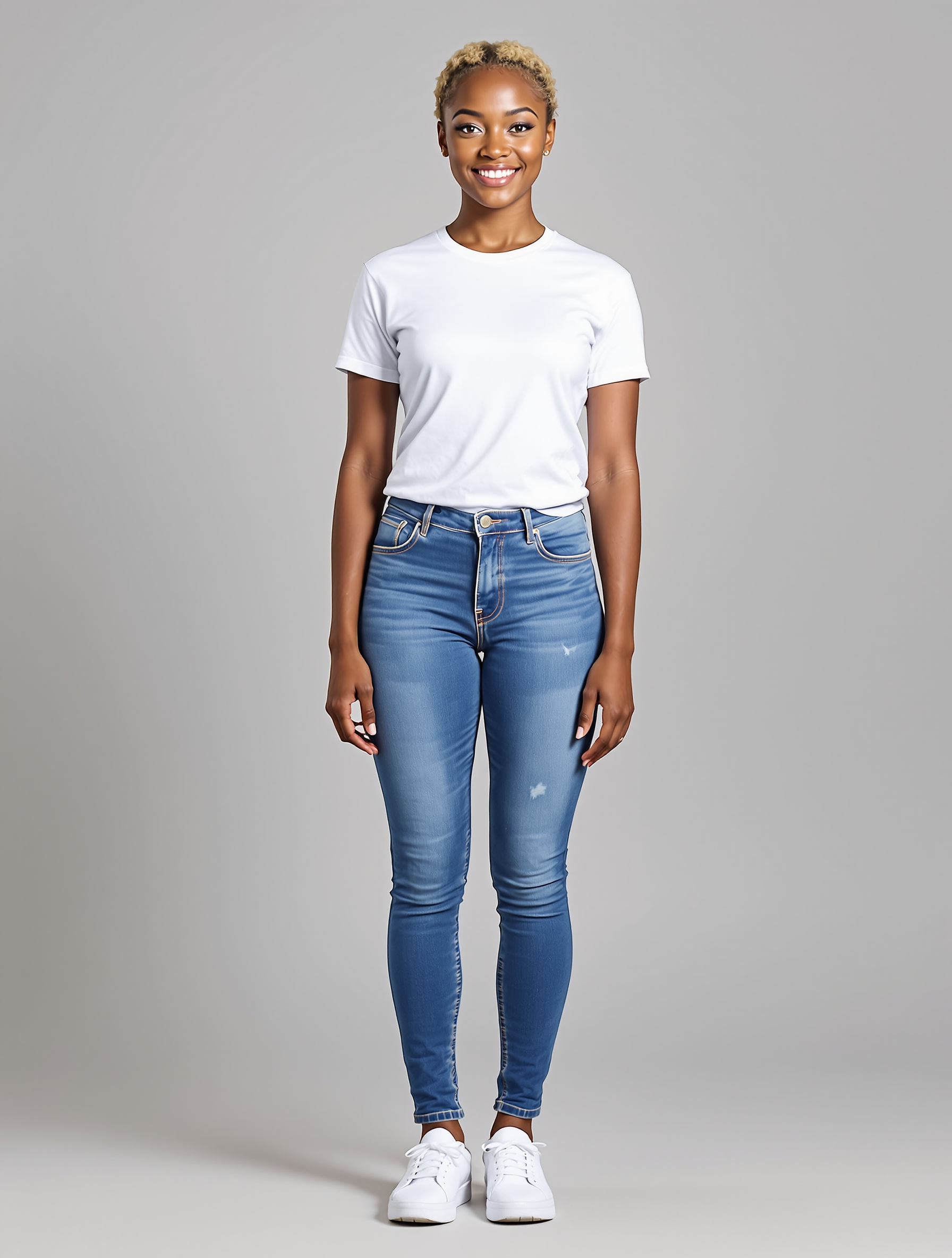 Person in white t-shirt and distressed blue jeans with white sneakers
