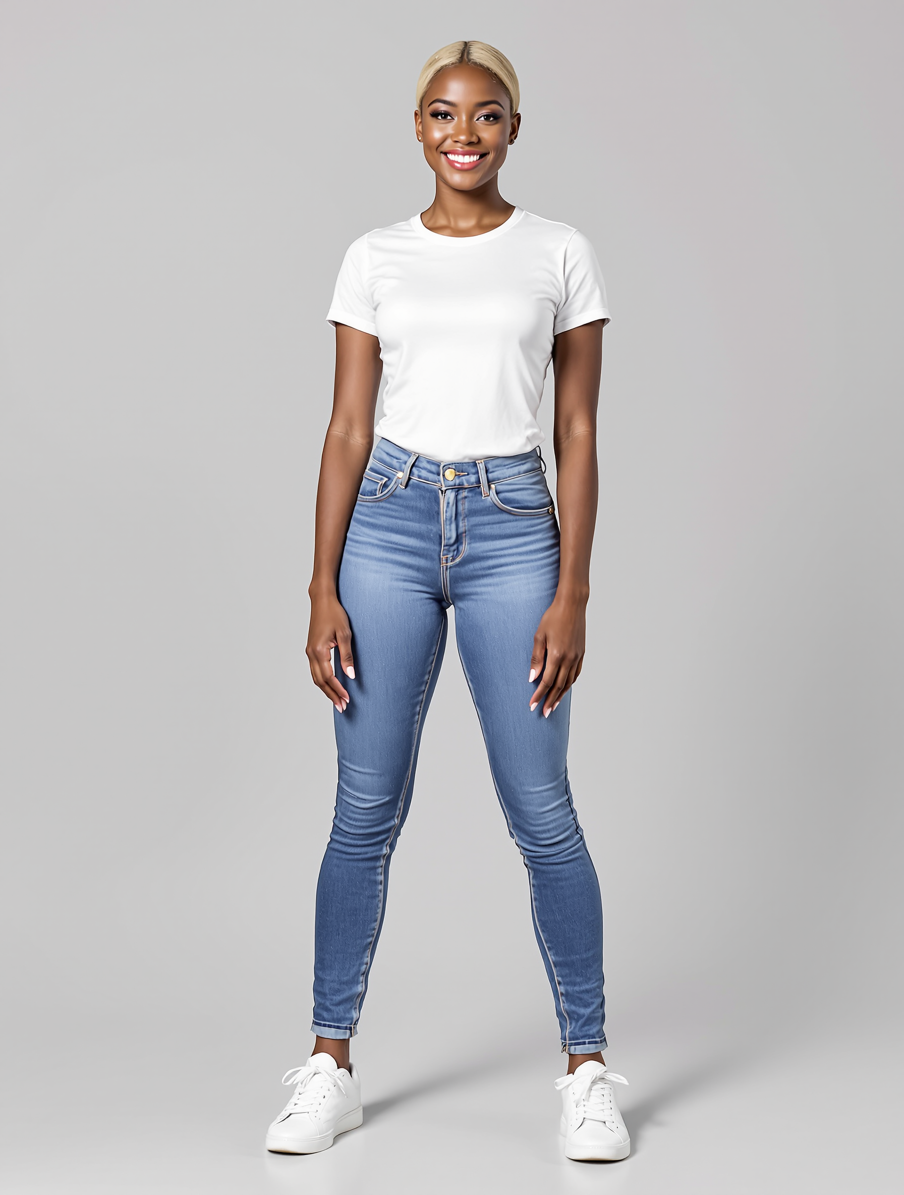 Woman in white t-shirt and blue jeans with white sneakers