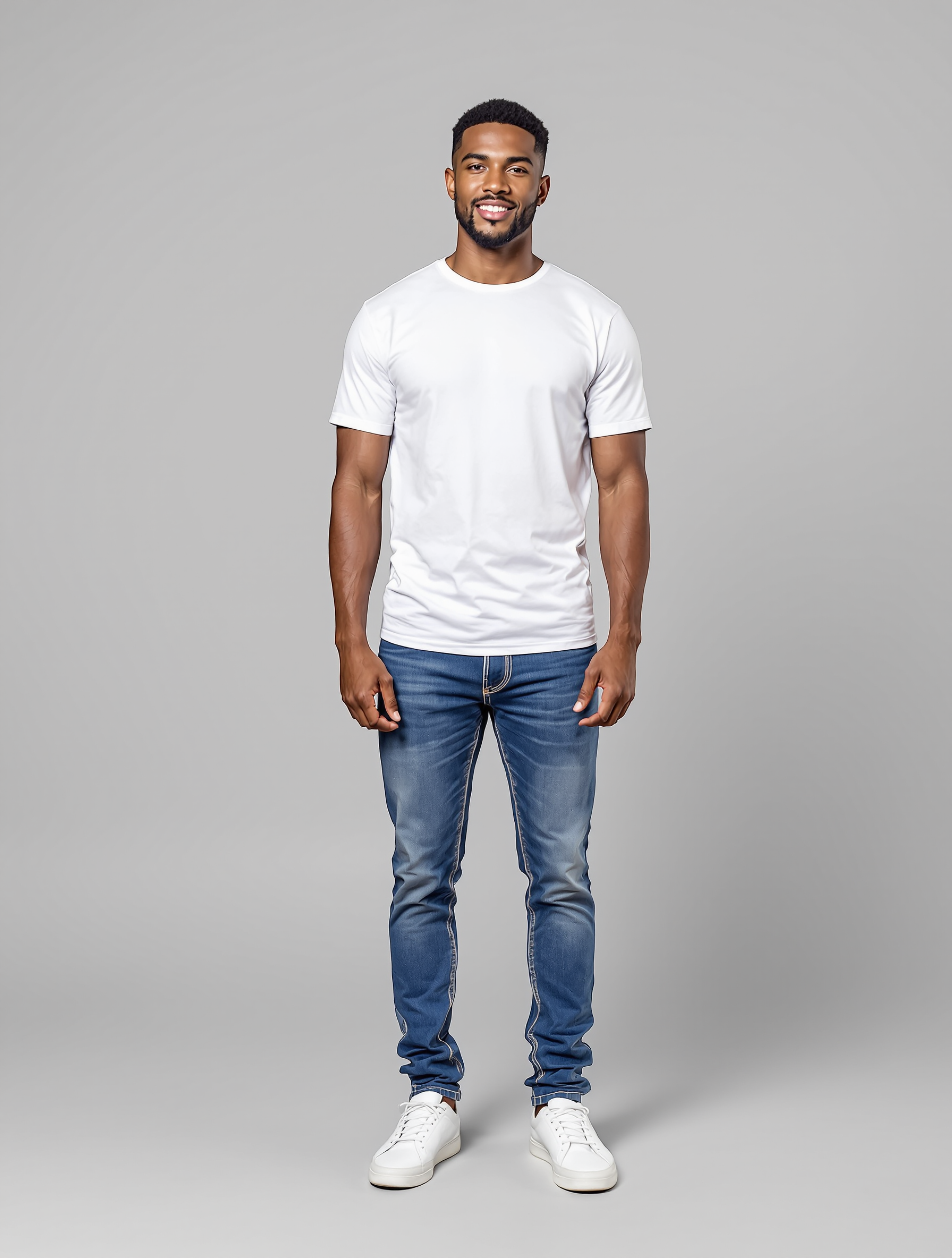 Man in white t-shirt and blue jeans standing against gray background