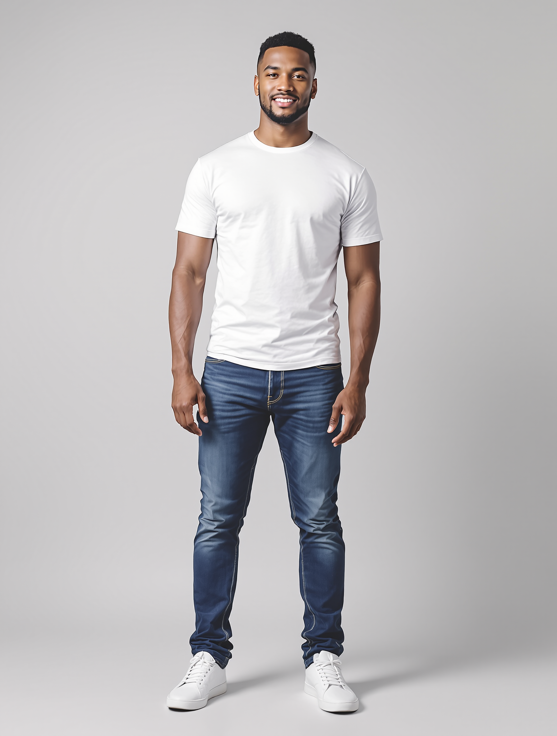 Man in white t-shirt and dark blue jeans standing against gray background