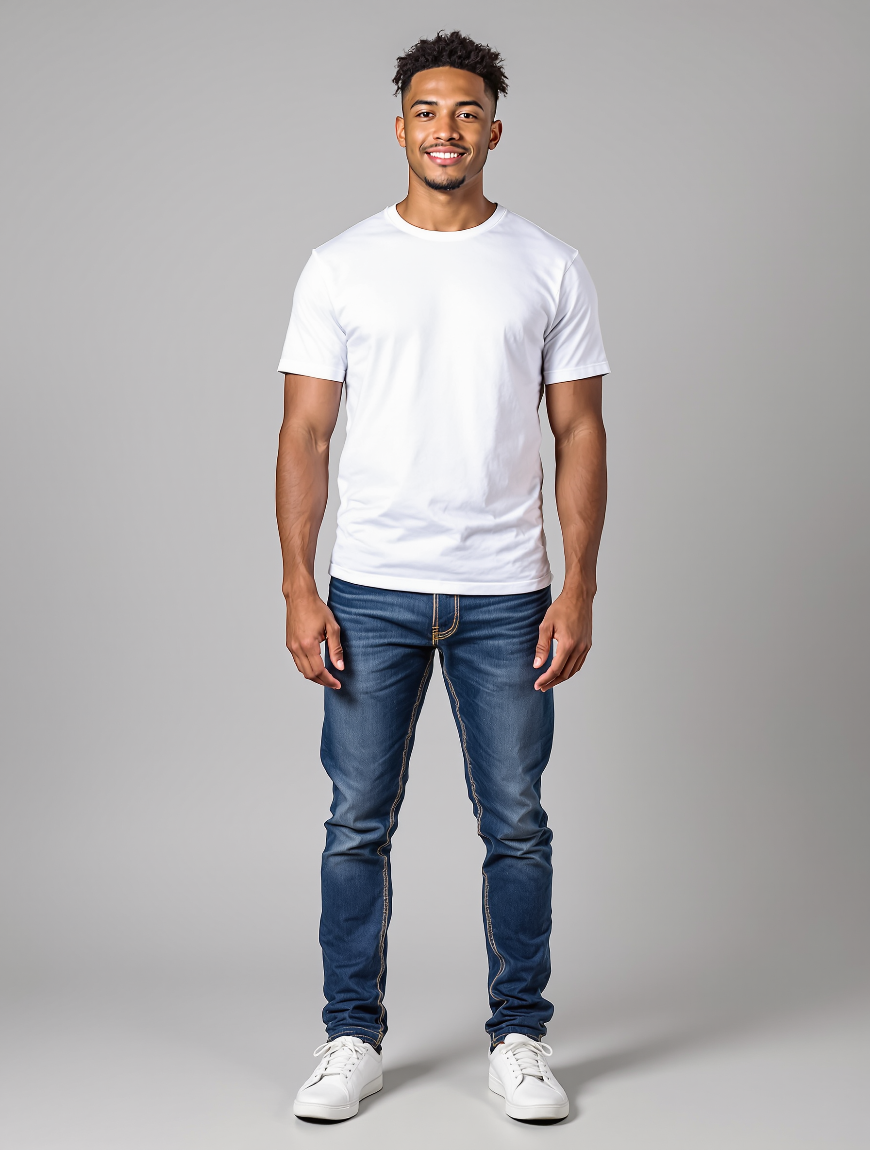 Man in white t-shirt and dark jeans standing against gray background