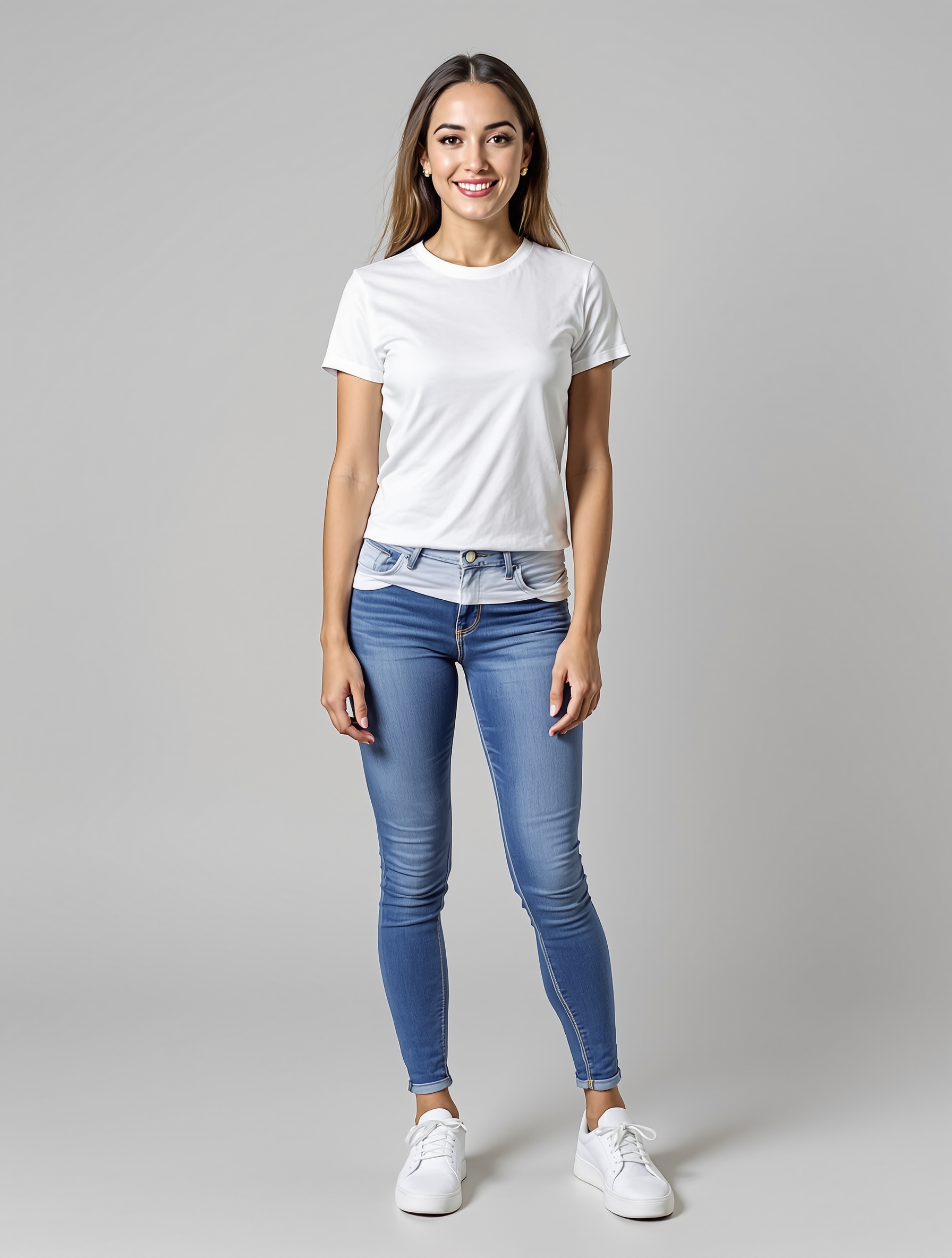 Woman in white t-shirt and blue skinny jeans with white sneakers