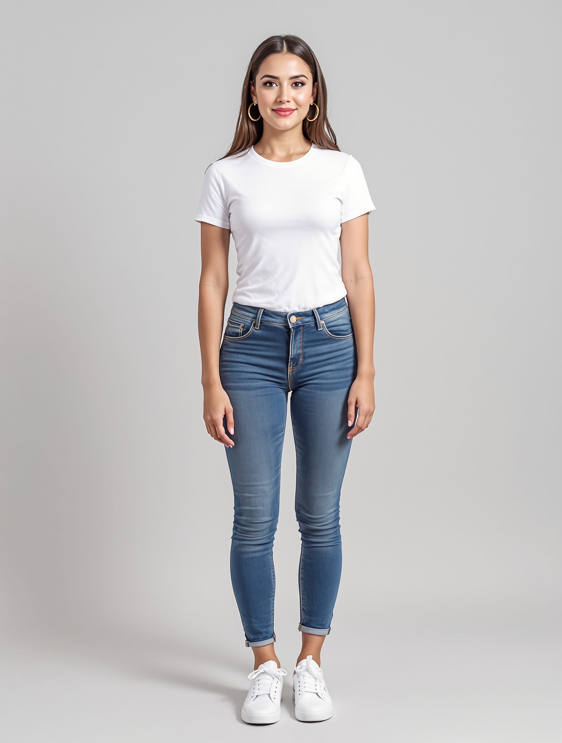 Woman in white t-shirt and blue skinny jeans with white sneakers