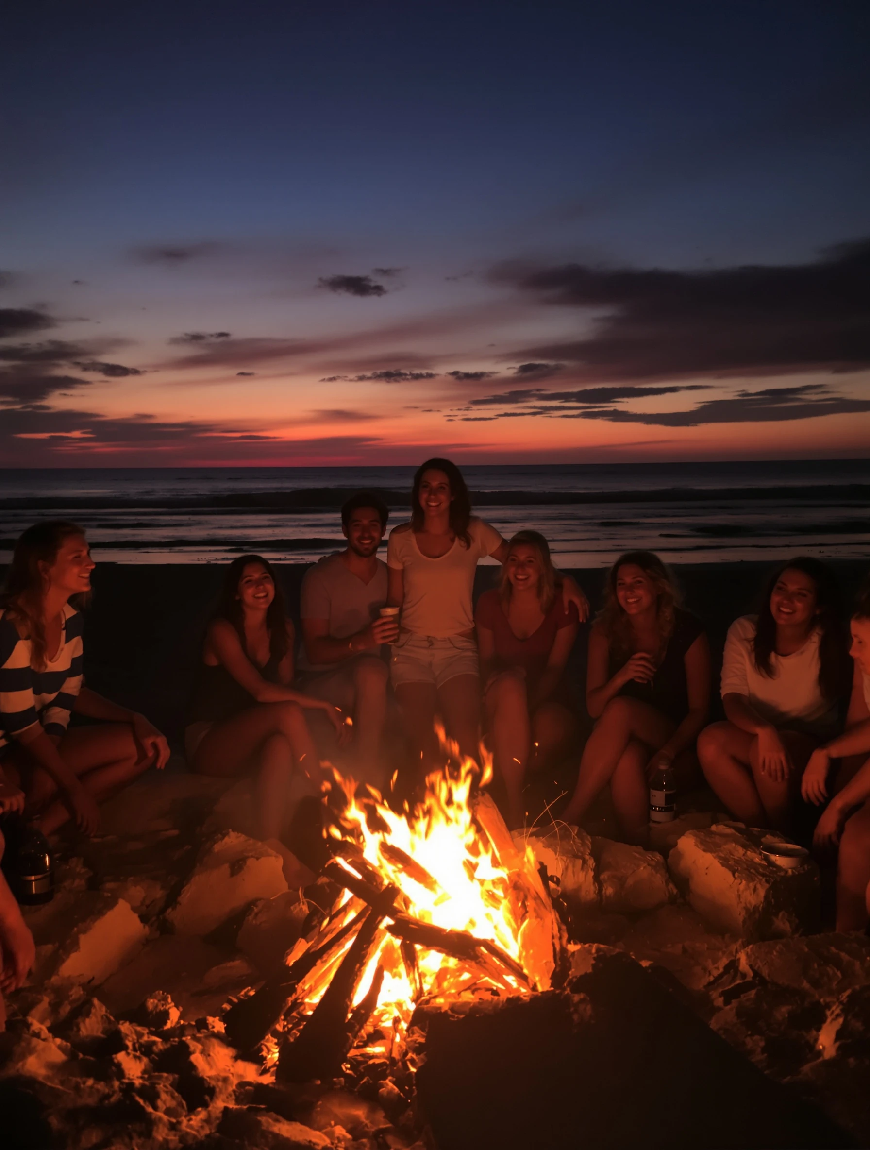 Group of friends around a beach bonfire at sunset, woman in center wearing casual beach clothes. Warm firelight, ocean b
