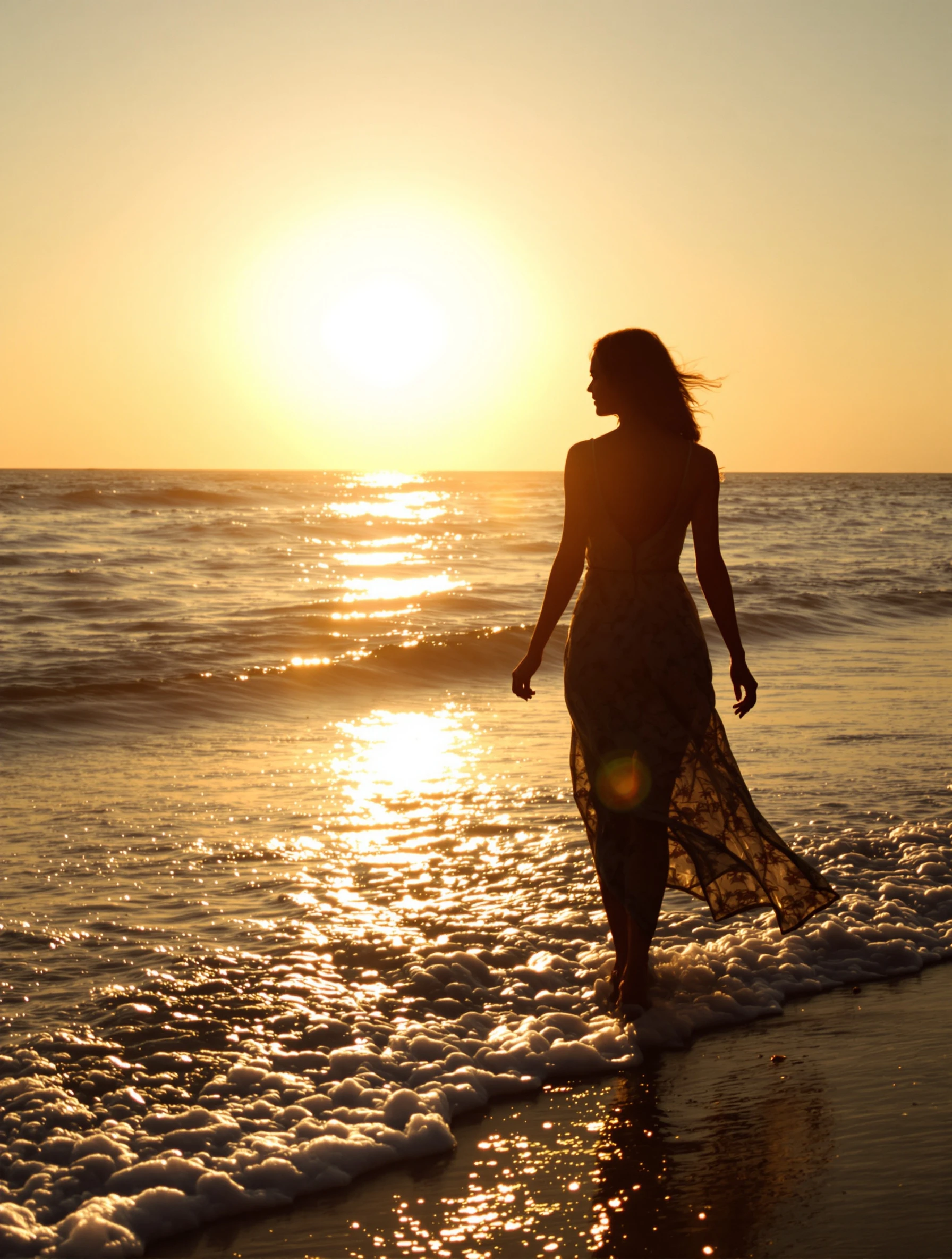 Romantic silhouette of woman walking along water's edge at sunset, waves reflecting golden light. Flowing beach dress, p