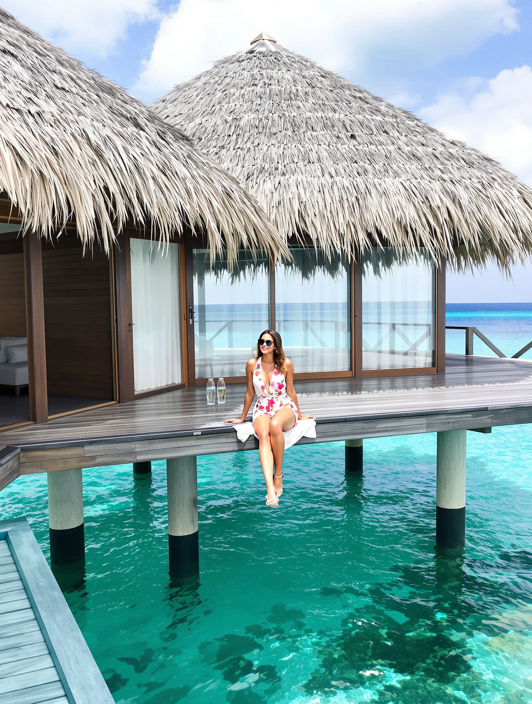 Woman at a Maldives overwater bungalow, sitting on deck over turquoise lagoon. Elegant resort wear, crystal clear water 