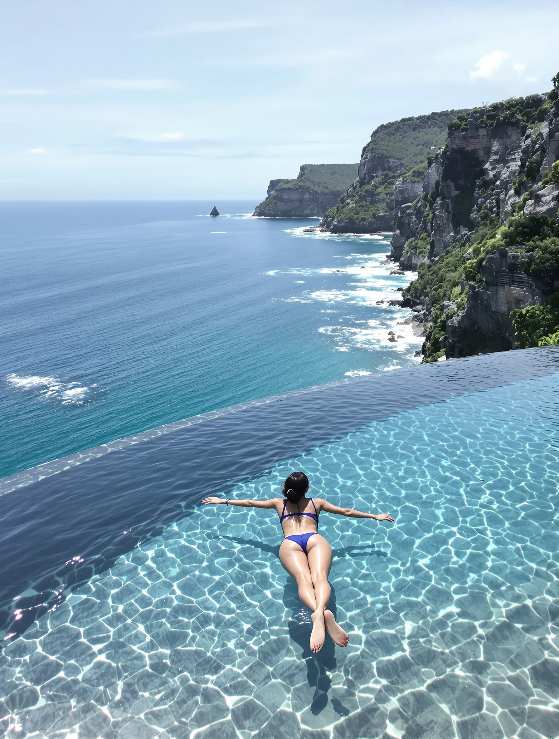 Woman floating in an infinity pool overlooking the ocean at a cliffside resort. Elegant swimsuit, stunning panoramic vie