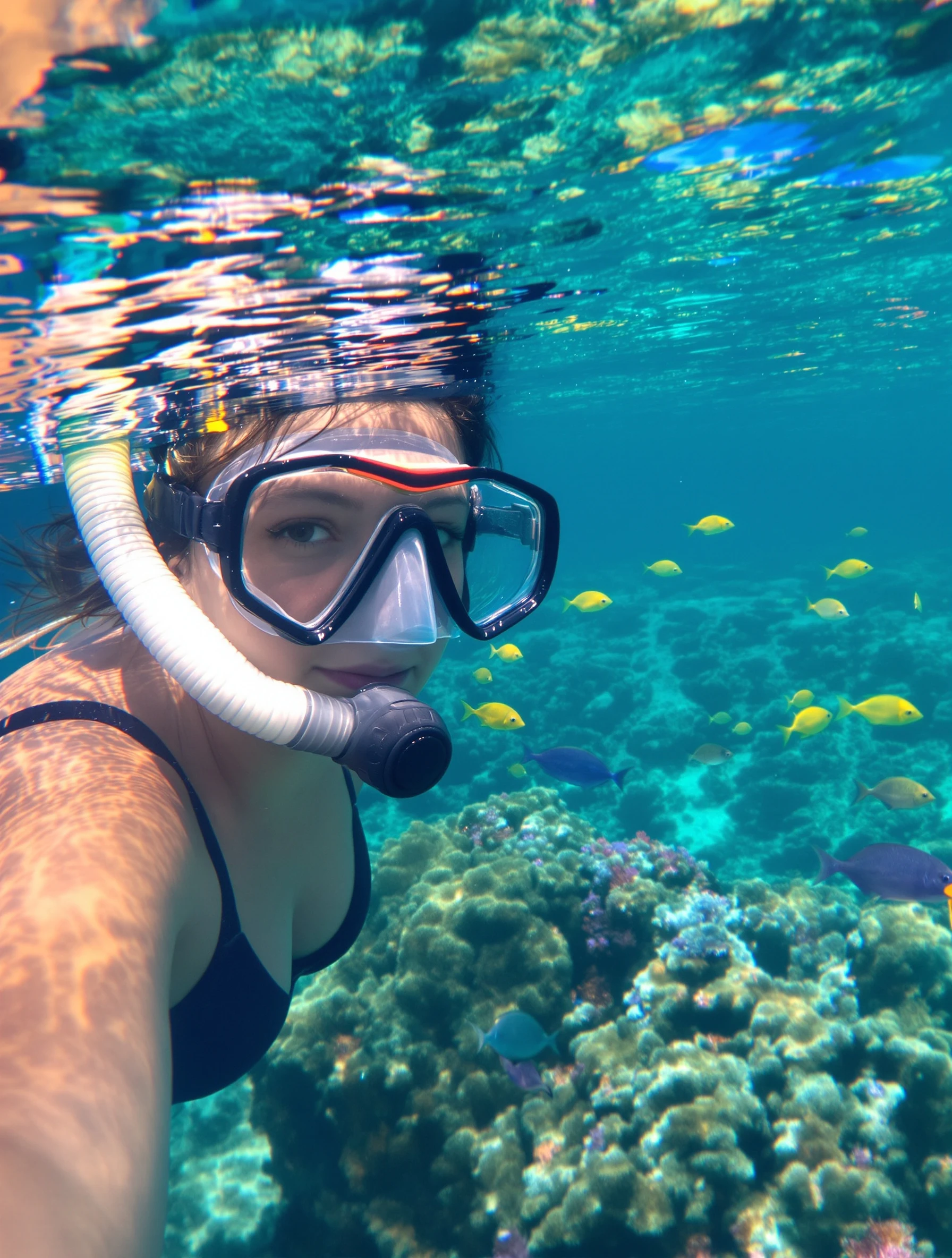 Woman snorkeling in crystal clear tropical water, colorful fish and coral visible below. Snorkel gear, underwater paradi