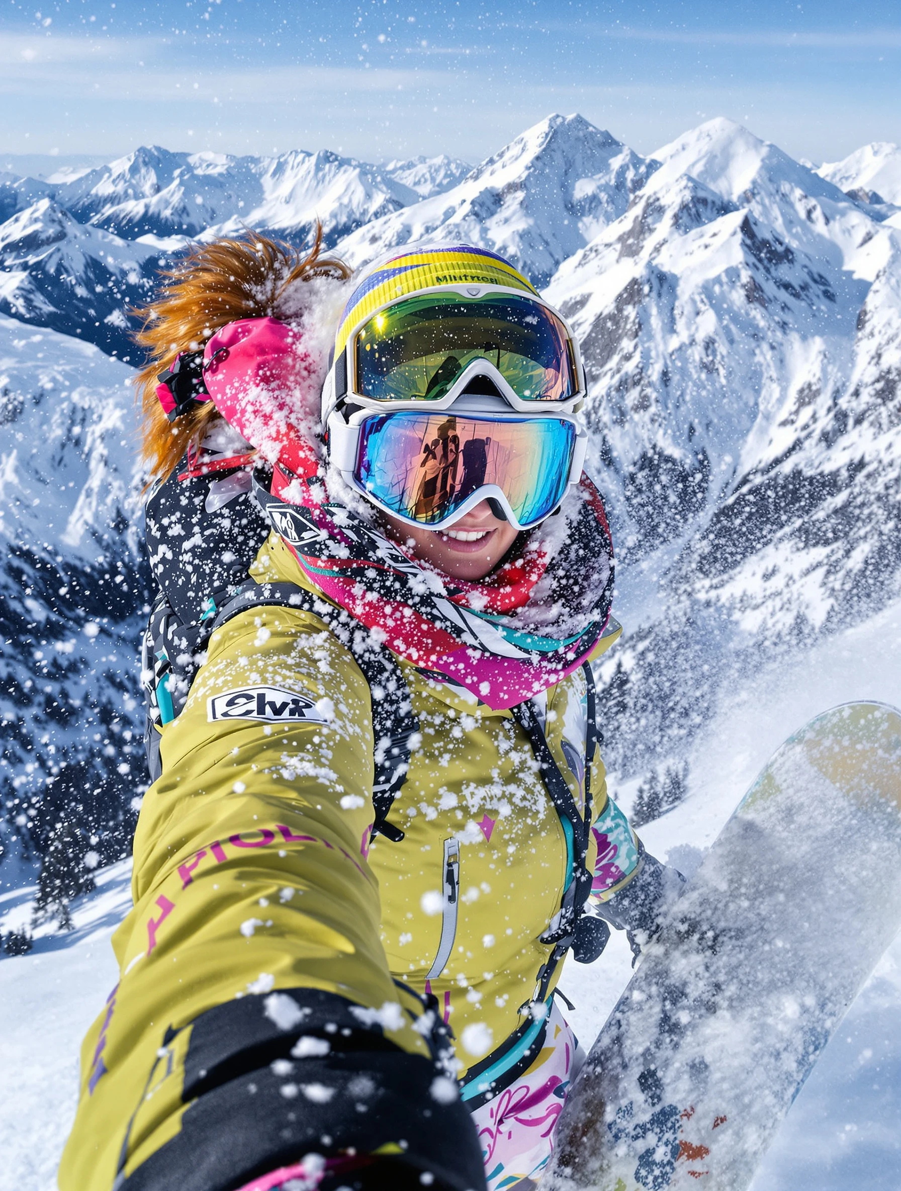 Adventurous woman snowboarding down a mountain slope, action shot with powder flying. Colorful snow gear, goggles, thril