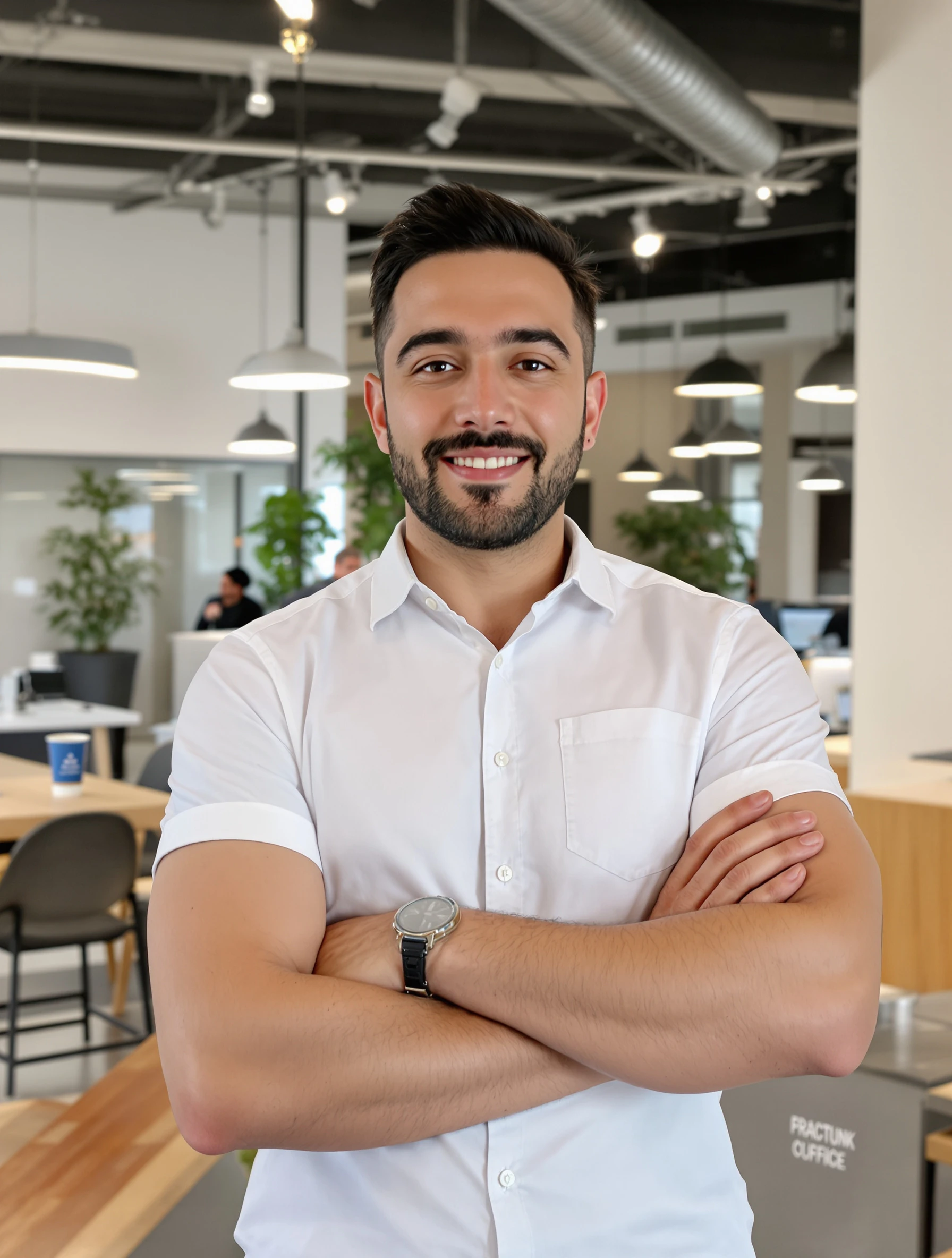 Ambitious man in startup casual attire at a modern co-working space. Standing confidently, laptop and coffee nearby, ent