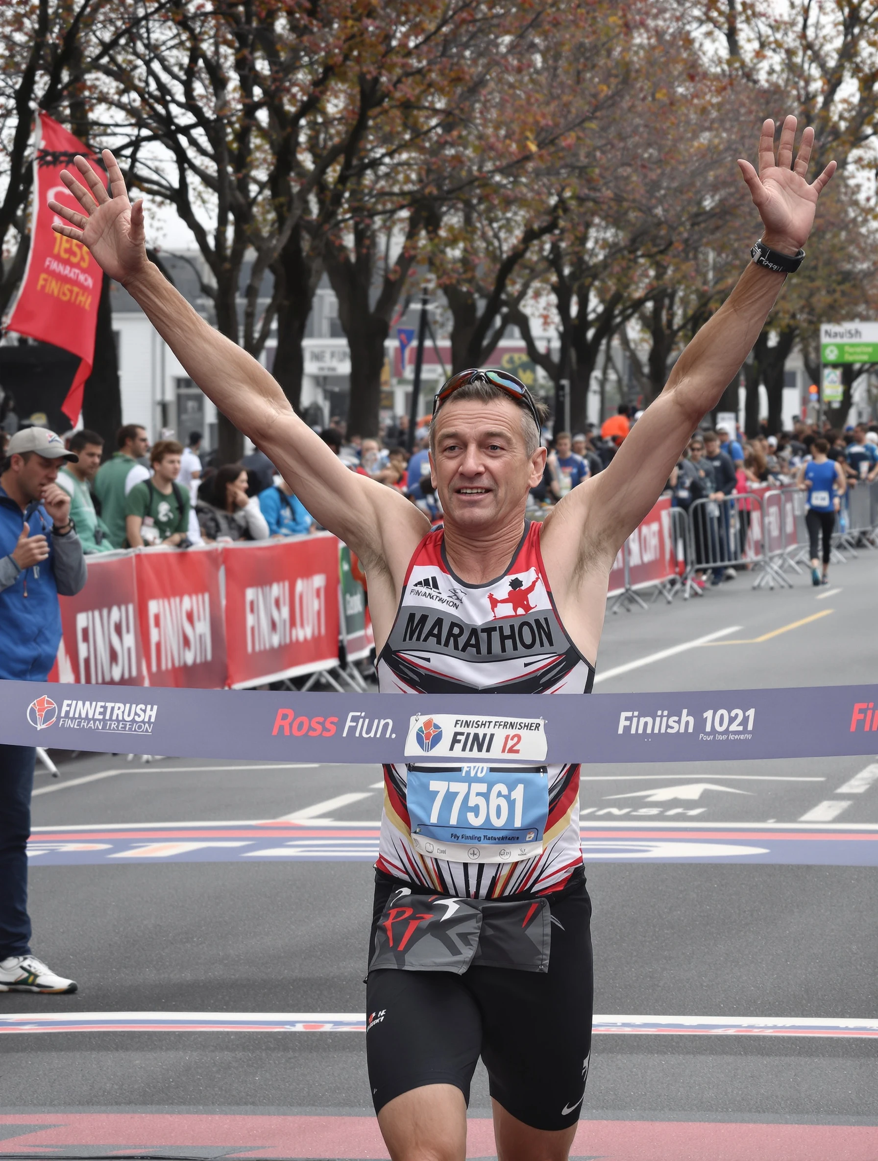 Athletic man crossing marathon finish line, arms raised in triumph. Running gear with race bib, exhausted but elated exp