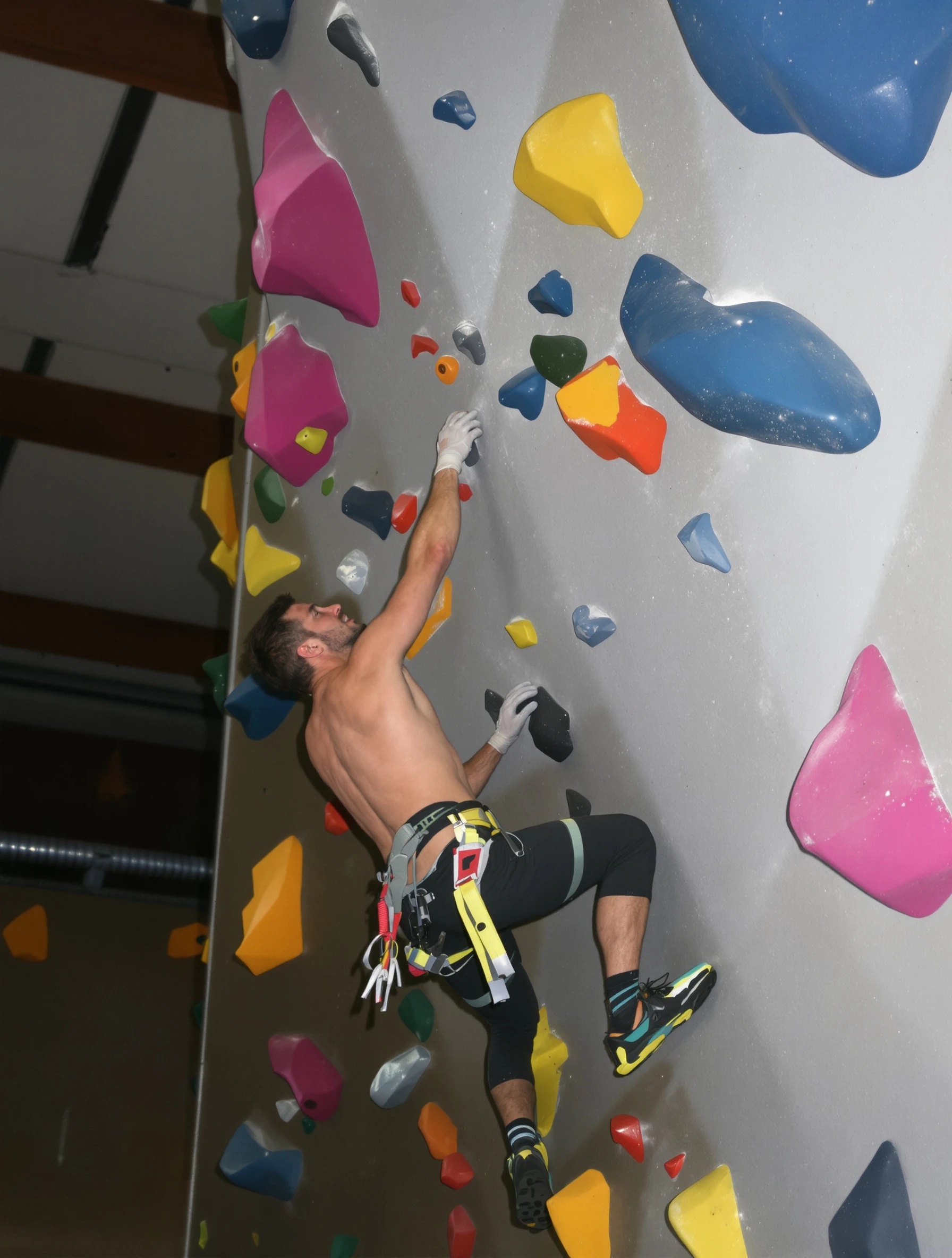 Athletic man rock climbing at an indoor gym, mid-ascent on challenging route. Climbing gear and chalk, focused determine