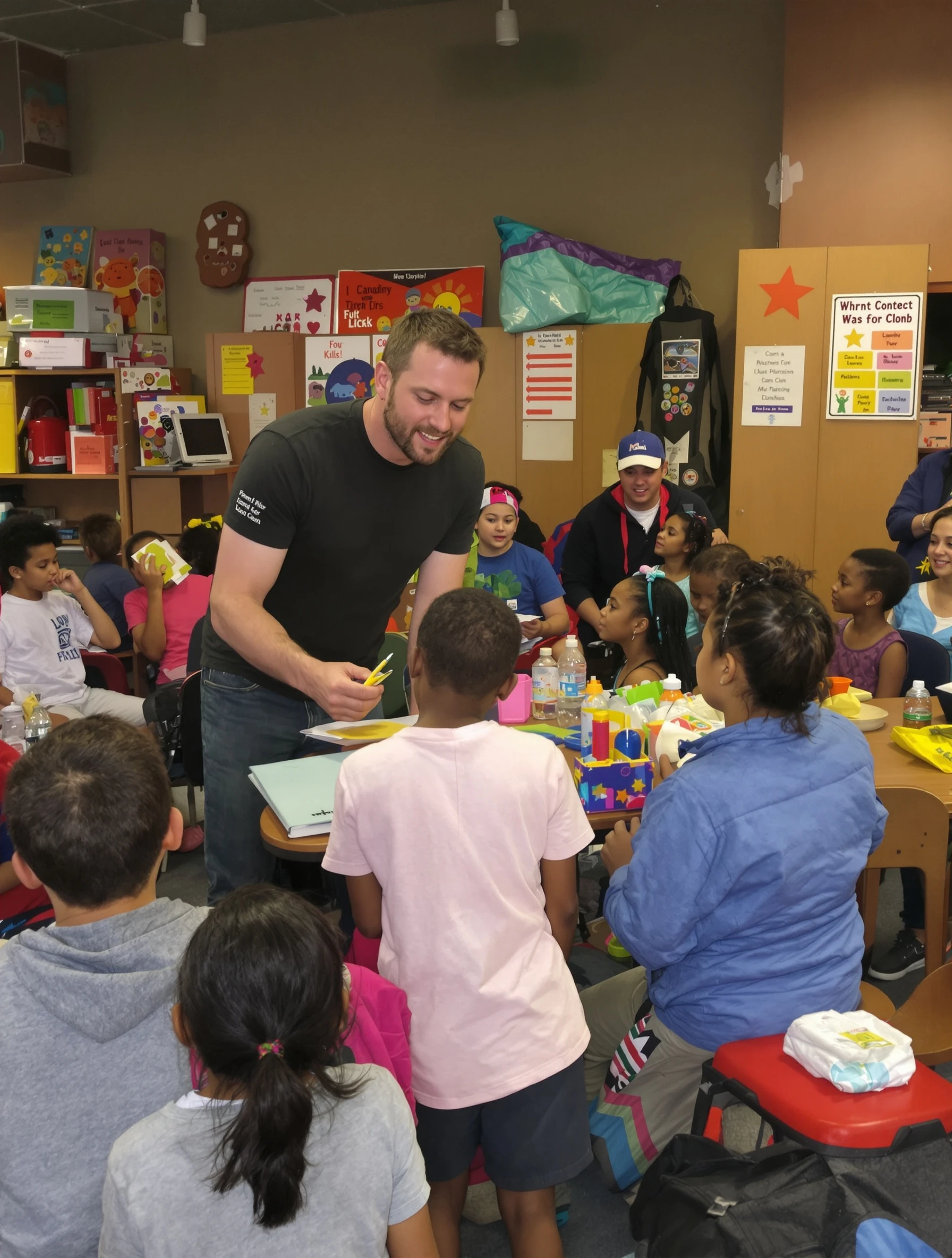 Caring man volunteering as a mentor, teaching kids at a community center. Casual approachable clothes, warm interaction 